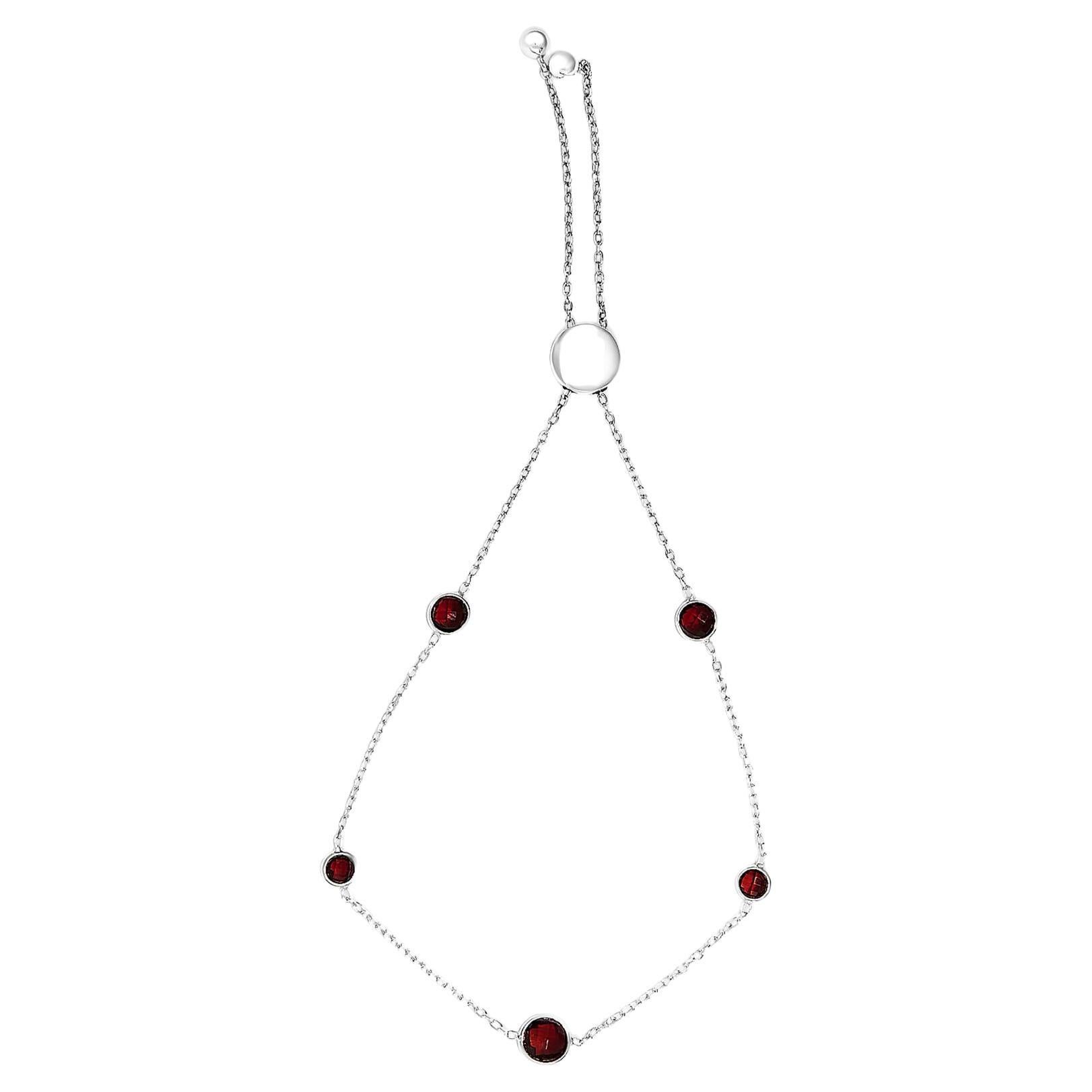 .925 Verstellbares Bolo-Armband aus Sterlingsilber mit rotem Granat in Lünette, 5 Stationen
