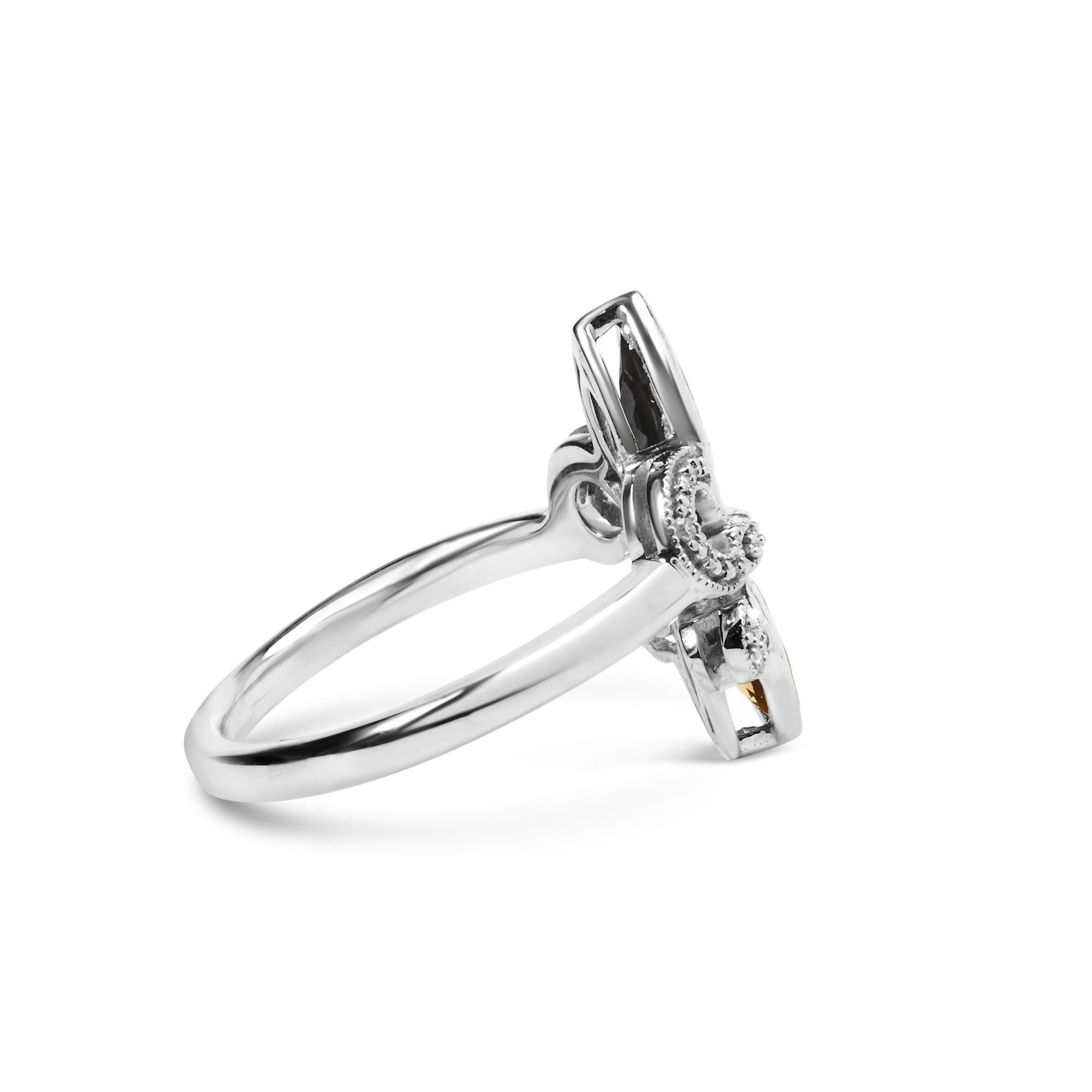 Introducing a stunning piece that exudes elegance and sophistication, this .925 Sterling Silver Fleur De Lis Fashion Band Ring is a true masterpiece. Crafted with care, it showcases a mesmerizing combination of Marquise Onyx and Citrine gemstones,