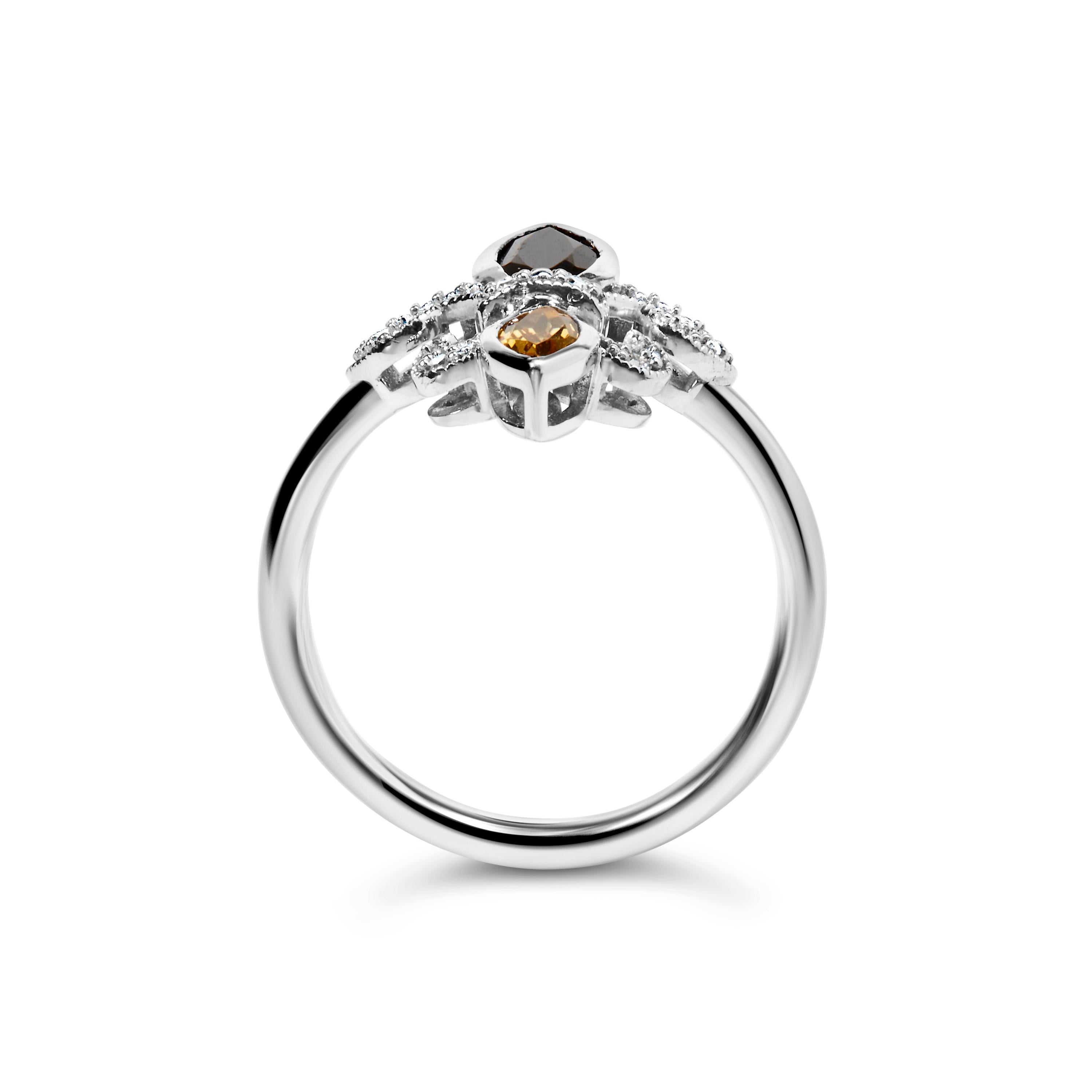 Modern .925 Sterling Silver Black Onyx and Yellow Citrine Marquise and Diamond Ring For Sale