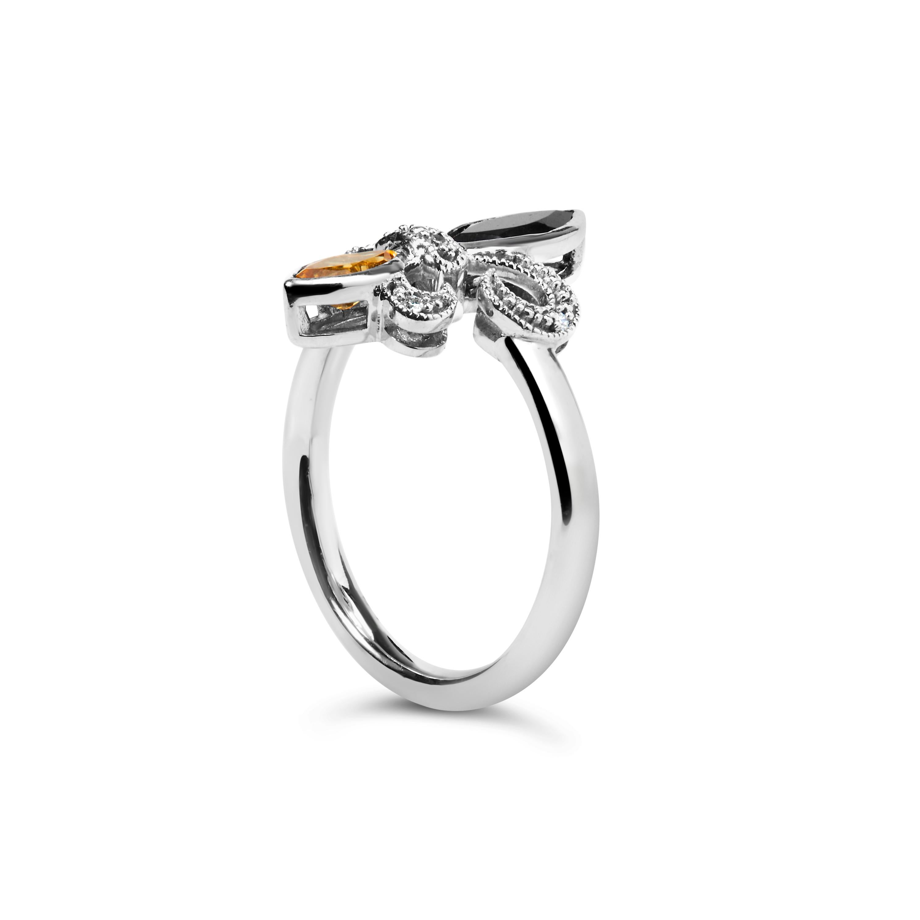 Marquise Cut .925 Sterling Silver Black Onyx and Yellow Citrine Marquise and Diamond Ring For Sale