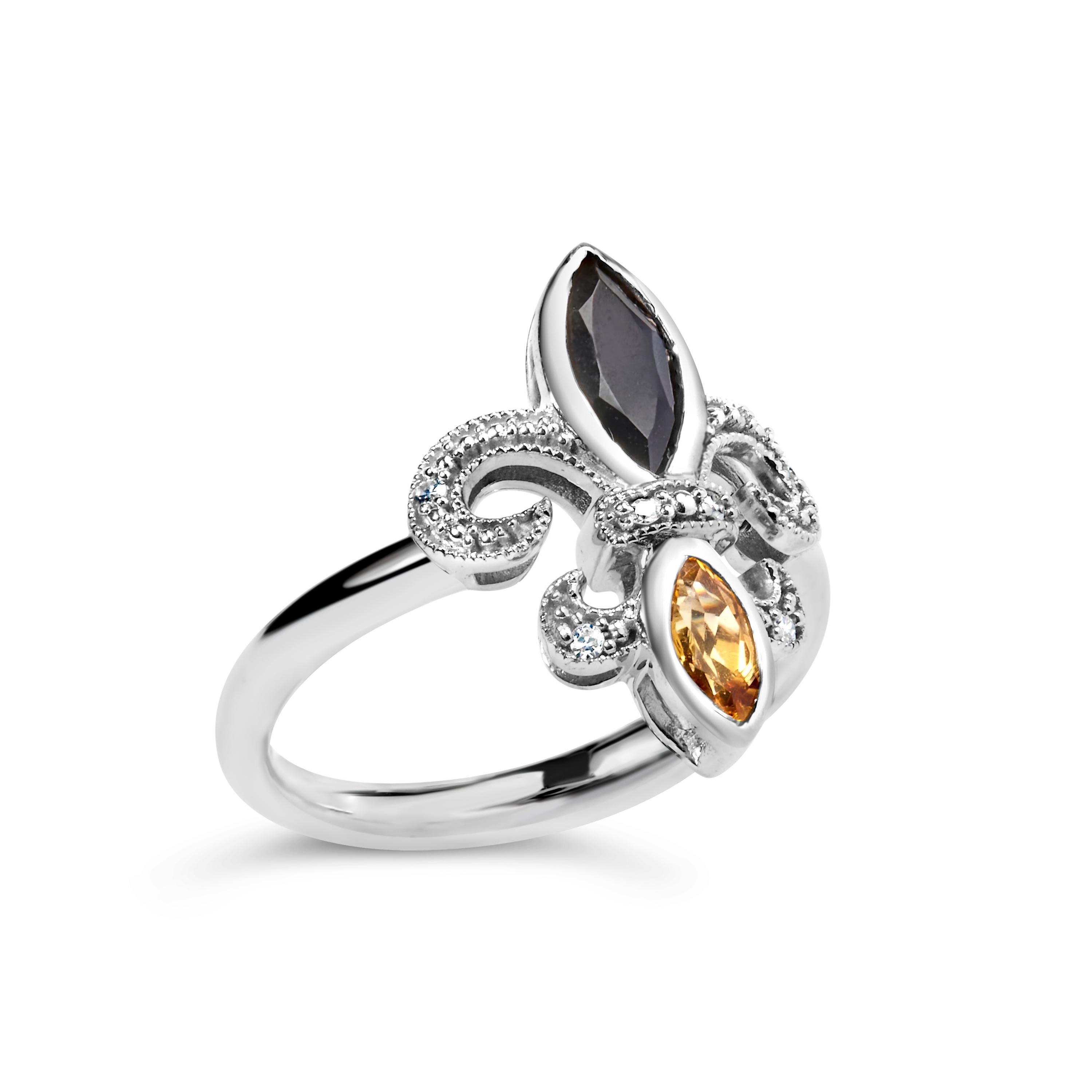 .925 Sterling Silver Black Onyx and Yellow Citrine Marquise and Diamond Ring In New Condition For Sale In New York, NY