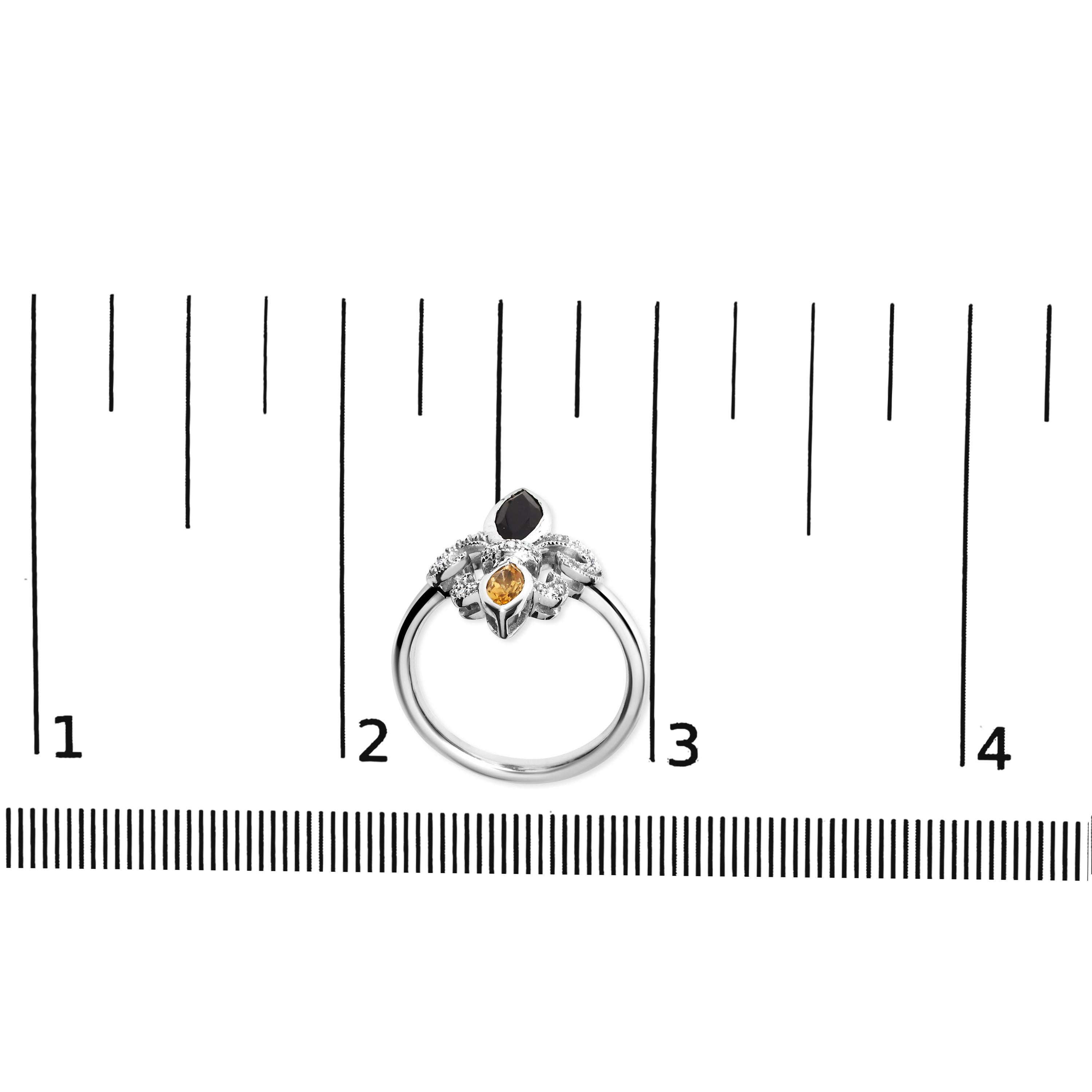 Women's .925 Sterling Silver Black Onyx and Yellow Citrine Marquise and Diamond Ring For Sale