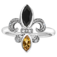 .925 Sterling Silver Black Onyx and Yellow Citrine Marquise and Diamond Ring