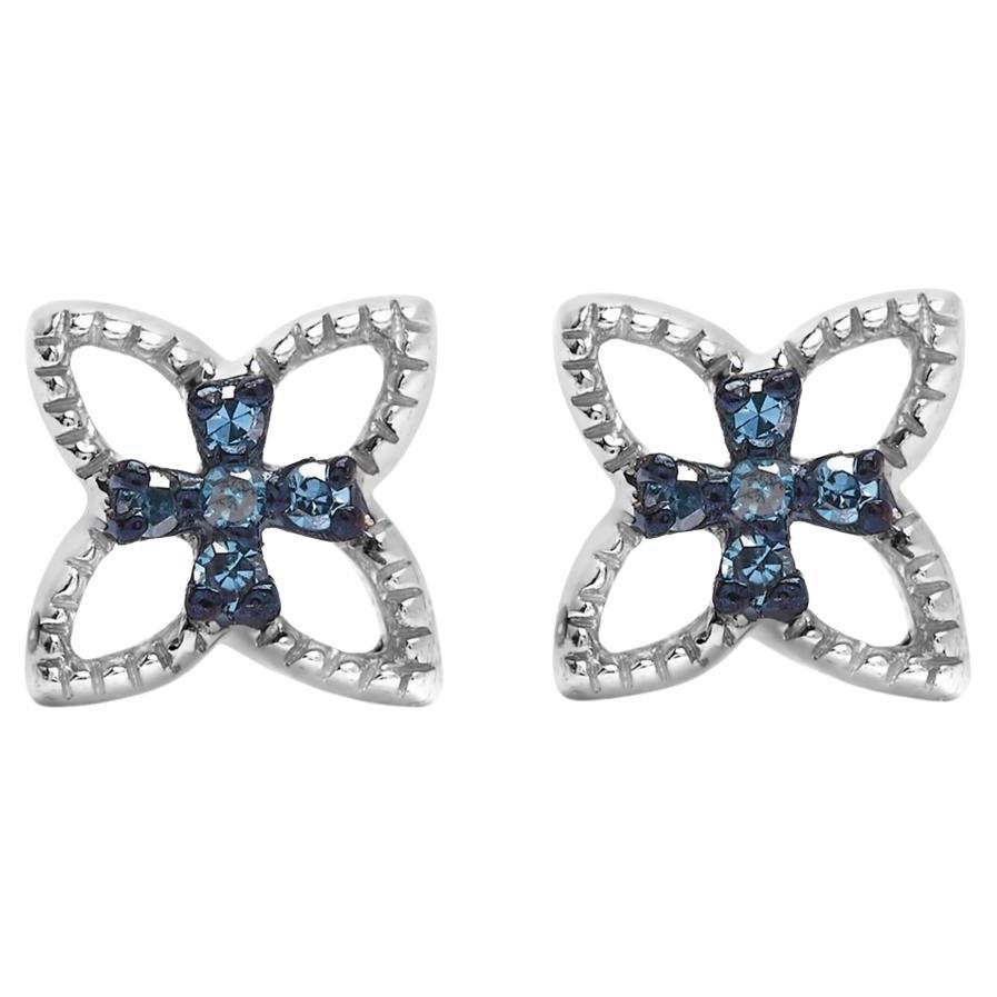 .925 Sterling Silver Blue Diamond Accentue 4 Petal Flower Stud Earring