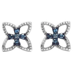 .925 Sterling Silver Blue Diamond Accentue 4 Petal Flower Stud Earring