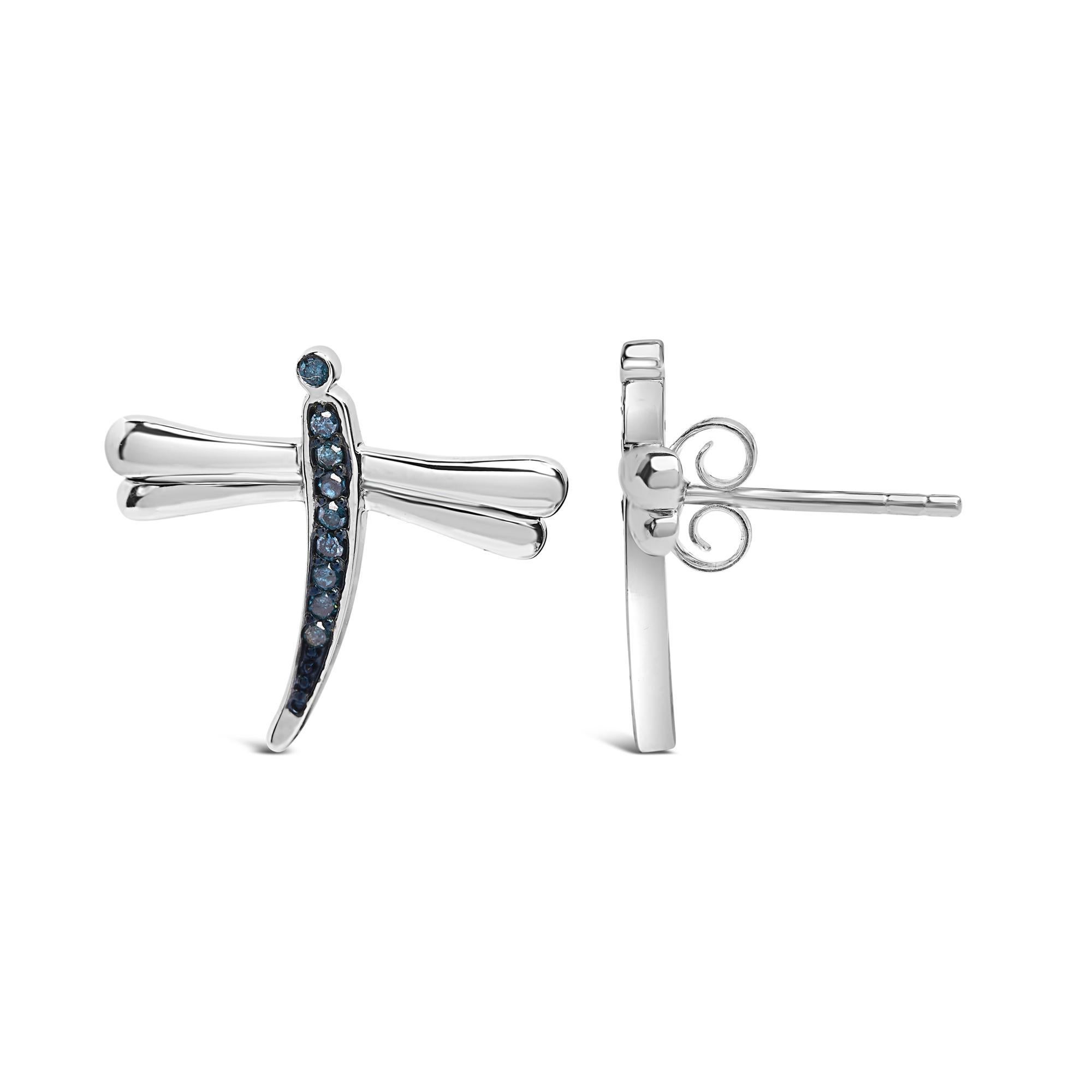 Moderno Orecchini a perno a forma di libellula in argento 925 con diamanti blu in vendita