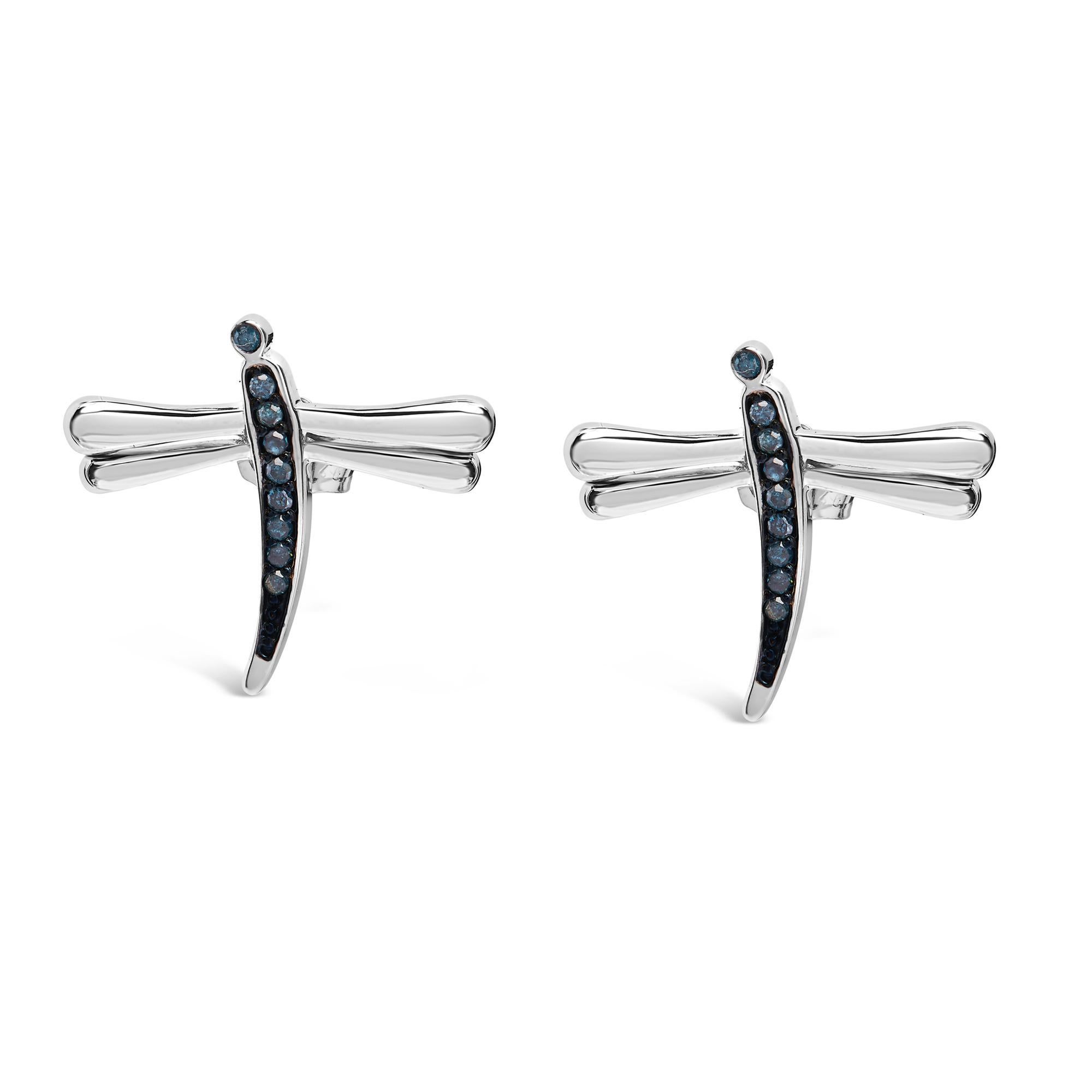 Taglio rotondo Orecchini a perno a forma di libellula in argento 925 con diamanti blu in vendita