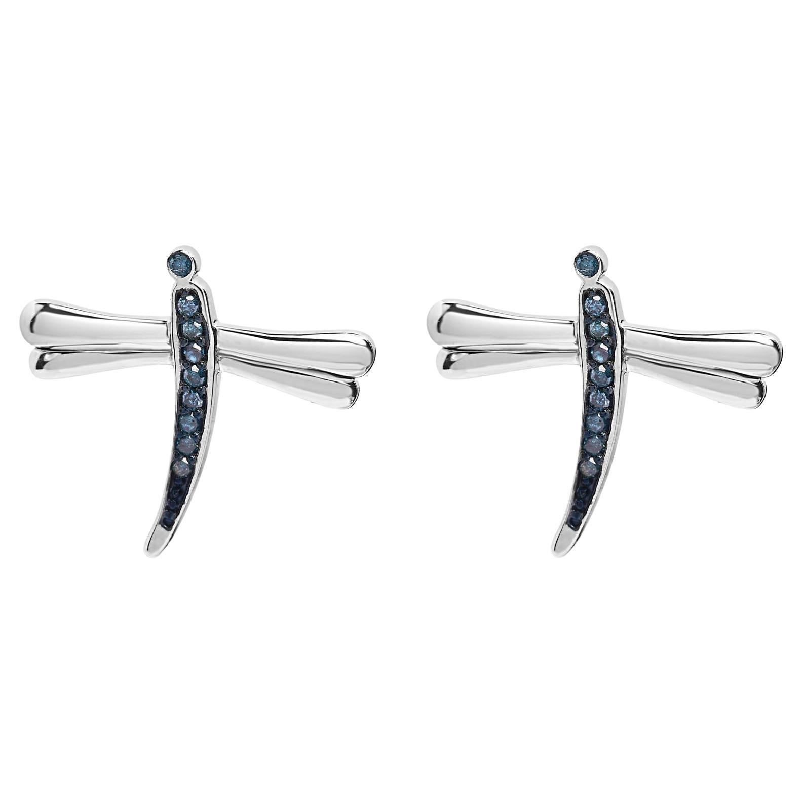 Orecchini a perno a forma di libellula in argento 925 con diamanti blu