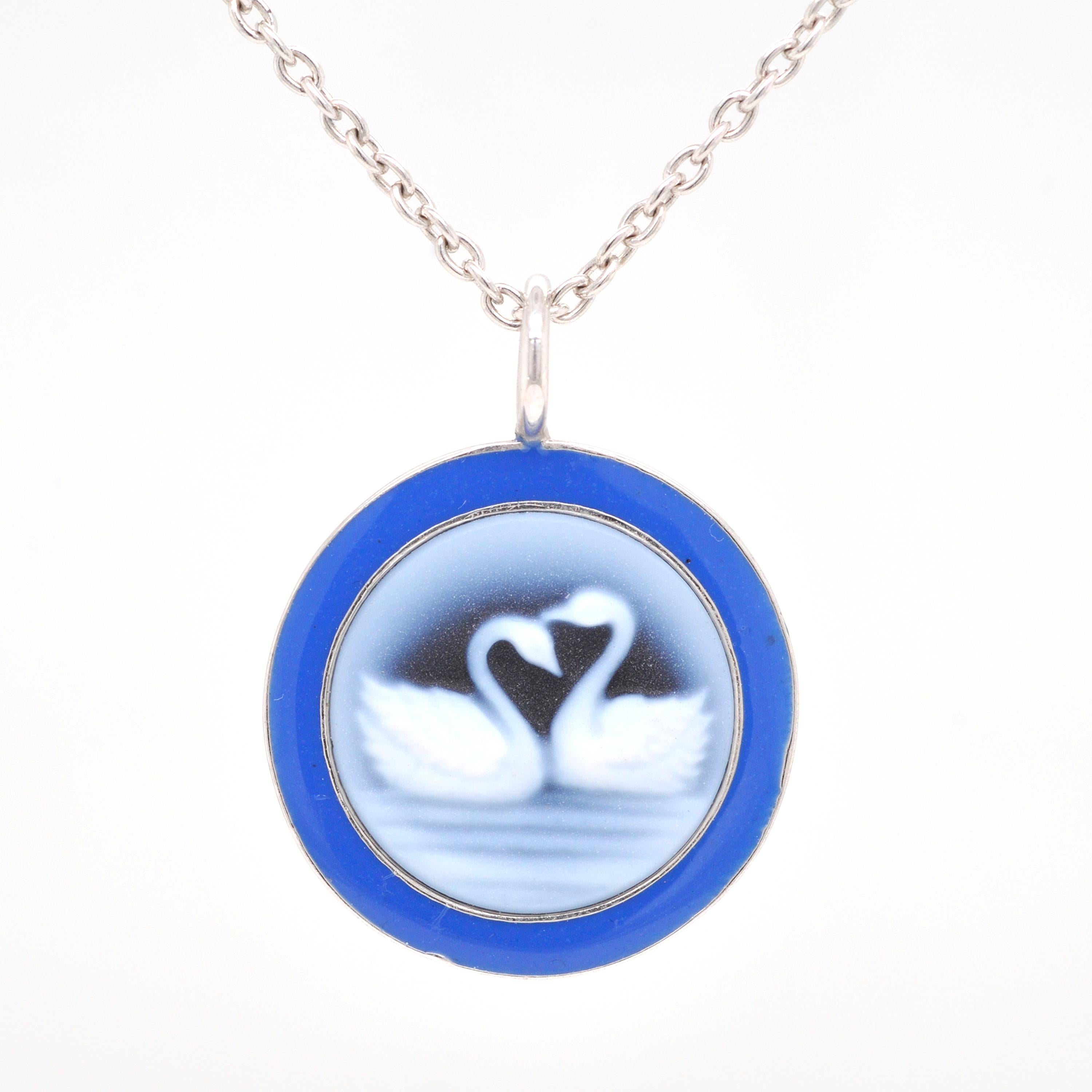 Contemporary 925 Sterling Silver Blue Enamel Agate Swan Cameo Carving Pendant For Sale