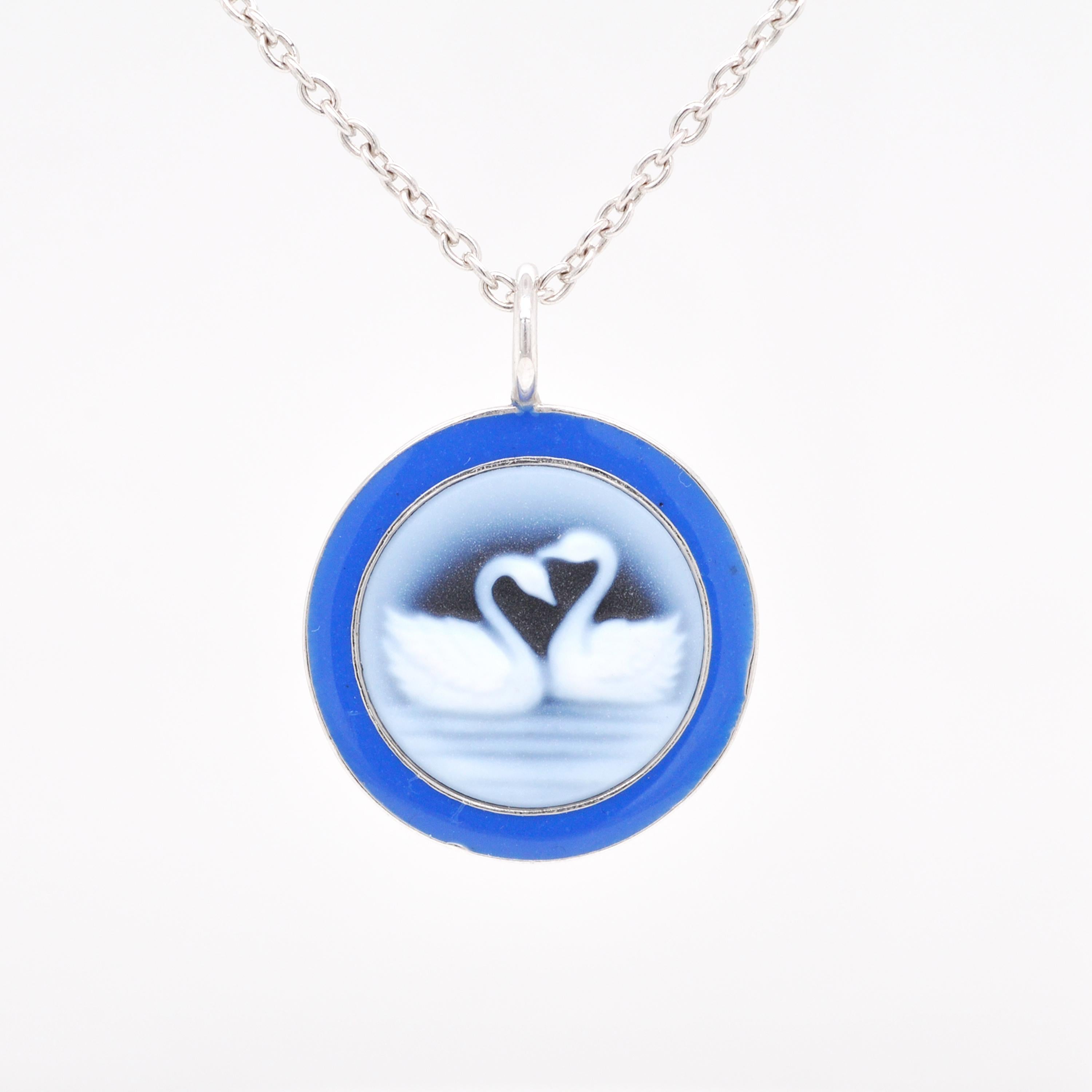 Mixed Cut 925 Sterling Silver Blue Enamel Agate Swan Cameo Carving Pendant For Sale