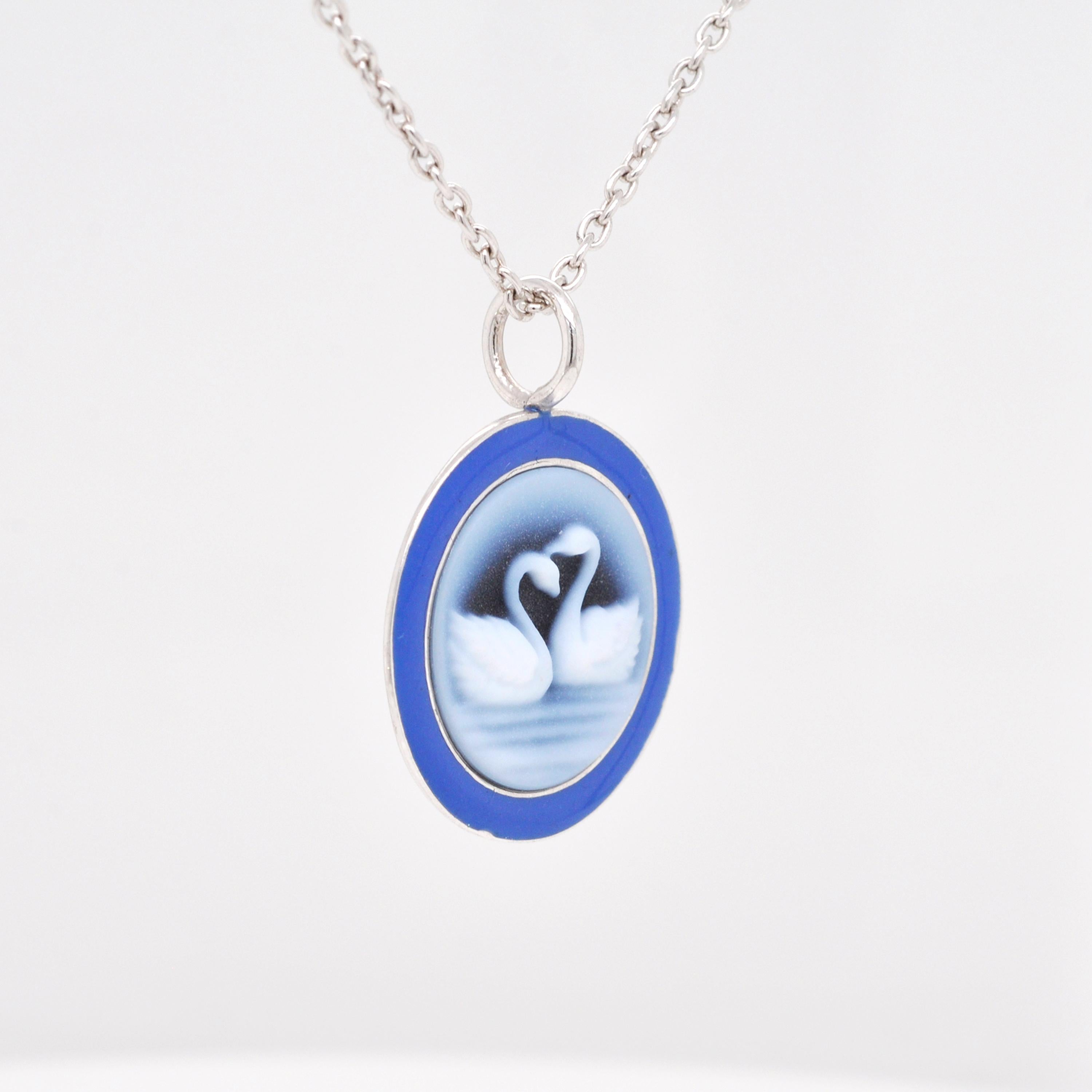 Women's or Men's 925 Sterling Silver Blue Enamel Agate Swan Cameo Carving Pendant For Sale