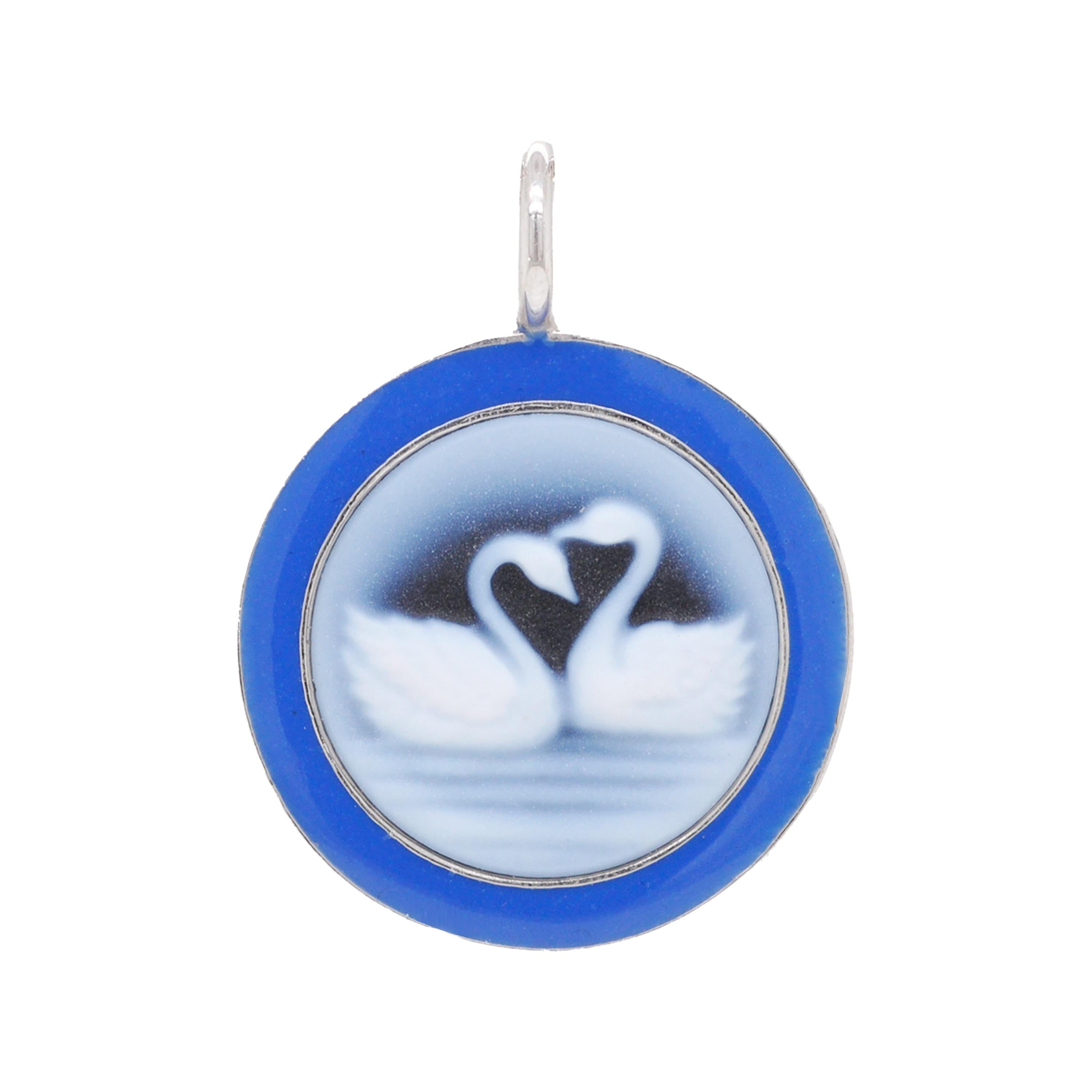 925 Sterling Silver Blue Enamel Agate Swan Cameo Carving Pendant