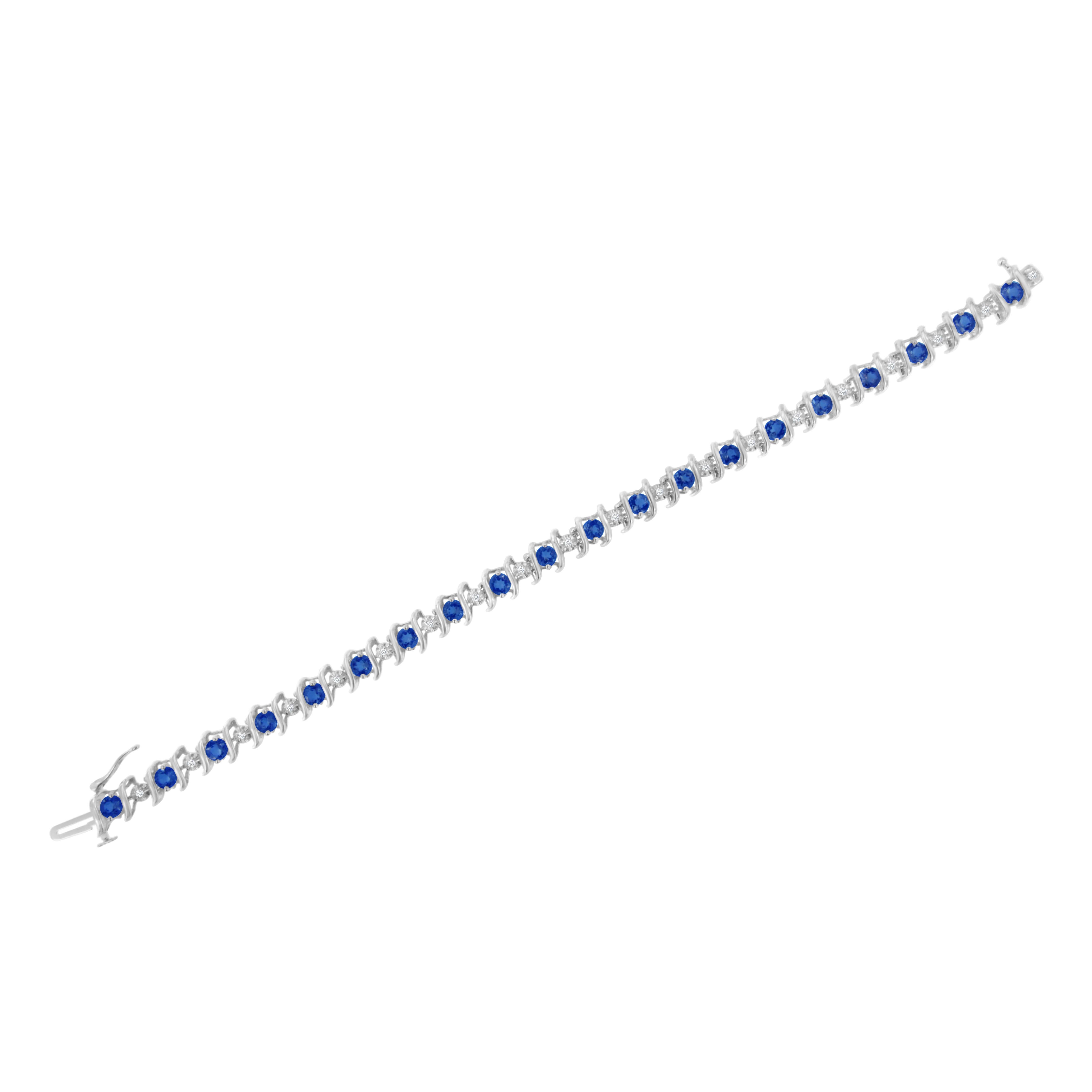 Contemporary .925 Sterling Silver Blue Sapphire and Diamond S-Link Tennis Bracelet For Sale