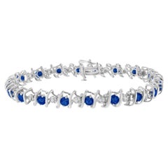 .925 Sterling Silver Blue Sapphire and Diamond S-Link Tennis Bracelet