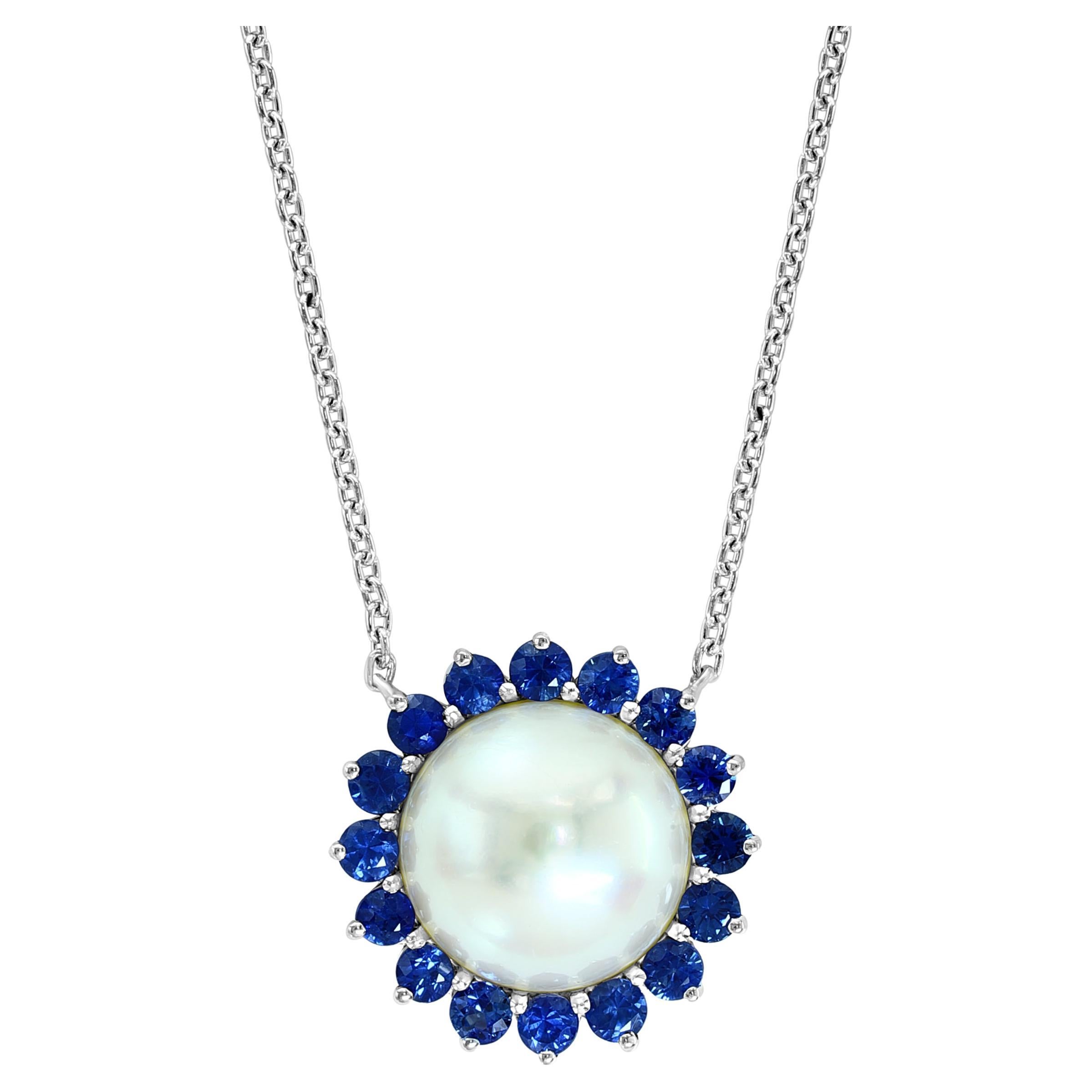 .925 Sterling Silver Blue Sapphire and Pearl Pendant Necklace For Sale