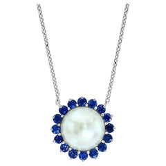 .925 Sterling Silver Blue Sapphire and Pearl Pendant Necklace