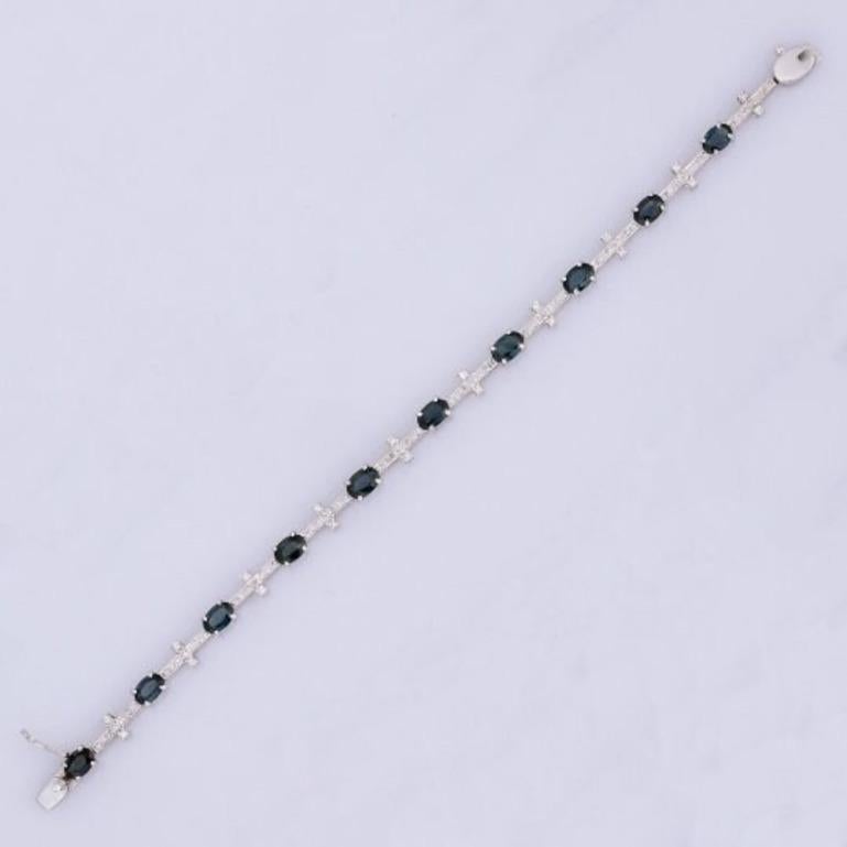 Art Deco .925 Sterling Silver Blue Sapphire Diamond Engagement Bracelet for Women For Sale