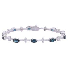 .925 Sterling Silver Blue Sapphire Diamond Engagement Bracelet for Women