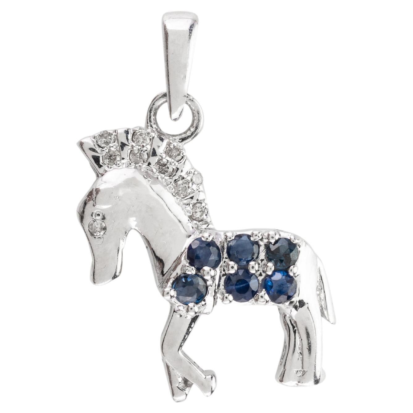 925 Sterling Silver Blue Sapphire Diamond Horse Pendant Unisex Gifts For Sale