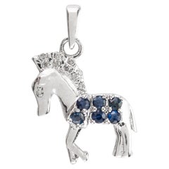 Used 925 Sterling Silver Blue Sapphire Diamond Horse Pendant Unisex Gifts