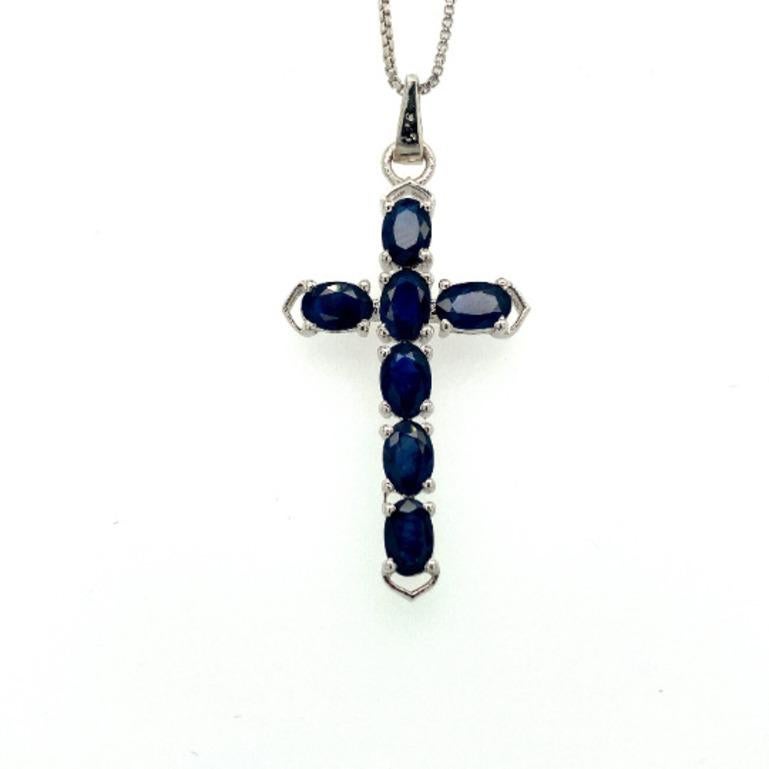.925 Sterling Silver Blue Sapphire Unisex Cross Pendant Gift In New Condition For Sale In Houston, TX