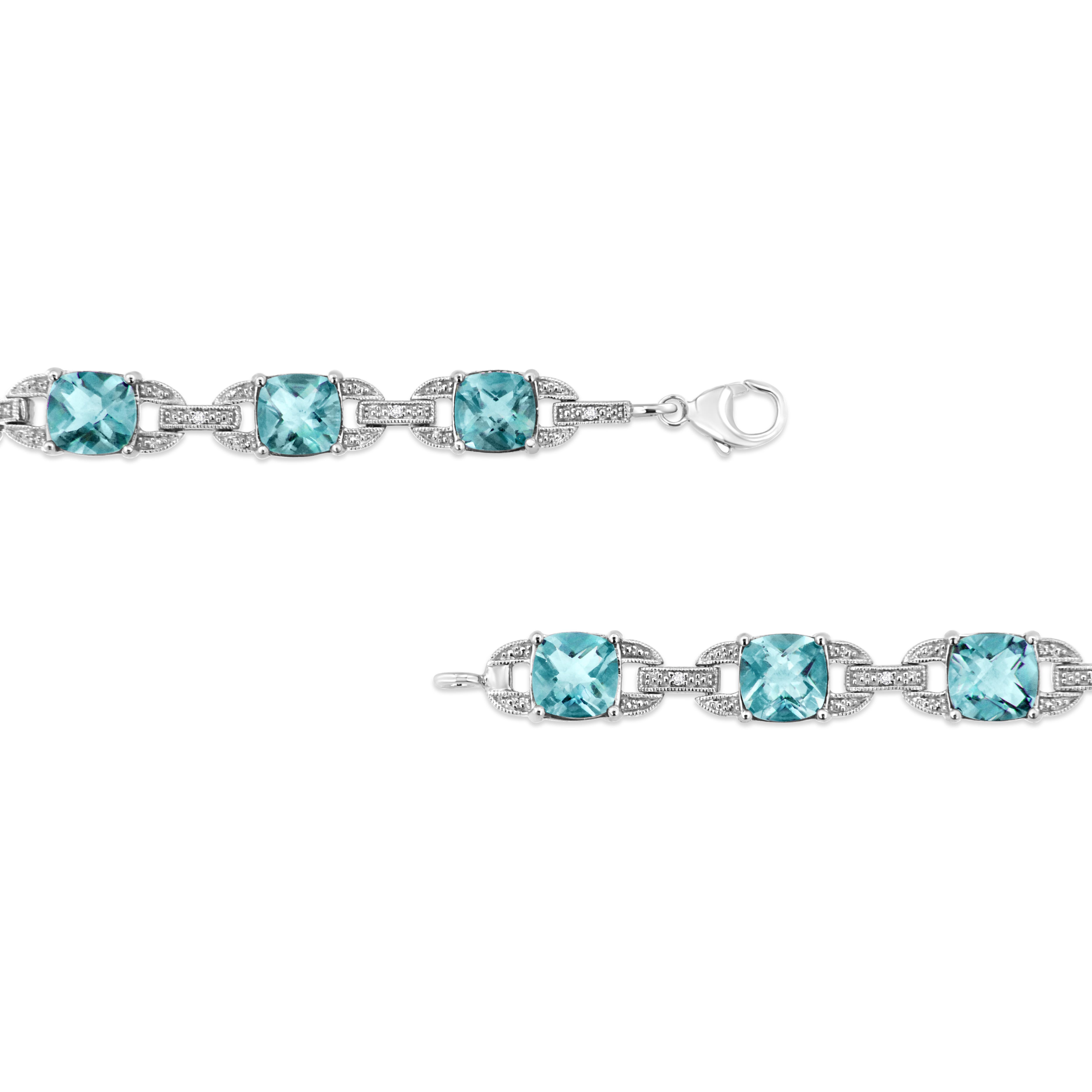 Contemporary .925 Sterling Silver Blue Topaz and Diamond Accent Link Bracelet For Sale