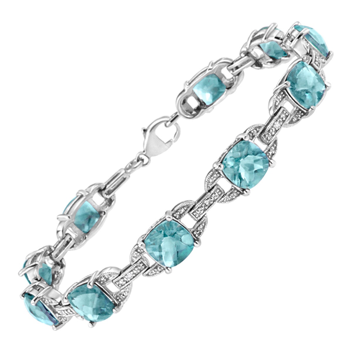 .925 Sterling Silver Blue Topaz and Diamond Accent Link Bracelet For Sale