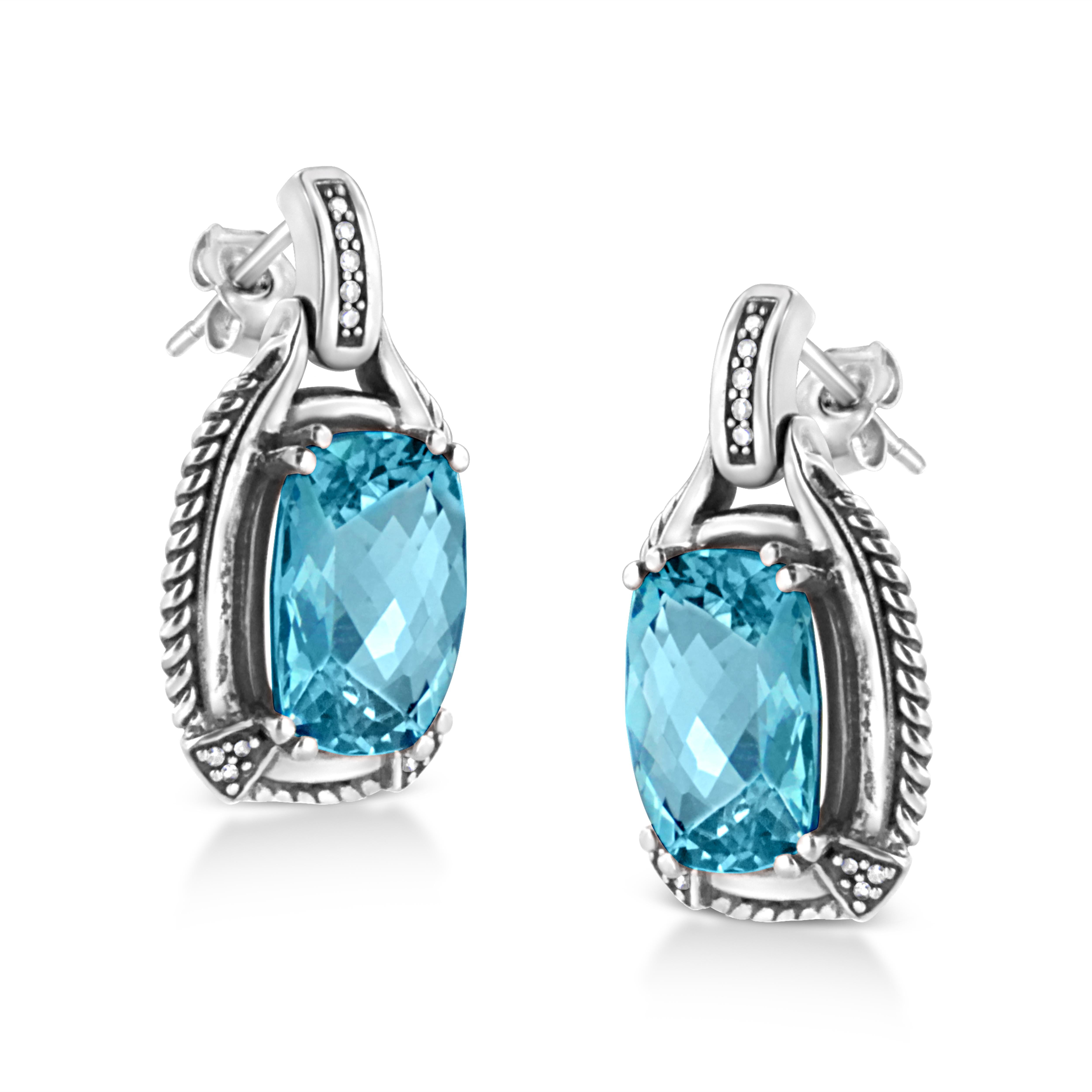 Contemporary .925 Sterling Silver Blue Topaz Gemstone and Diamond Accent Dangle Earrings For Sale
