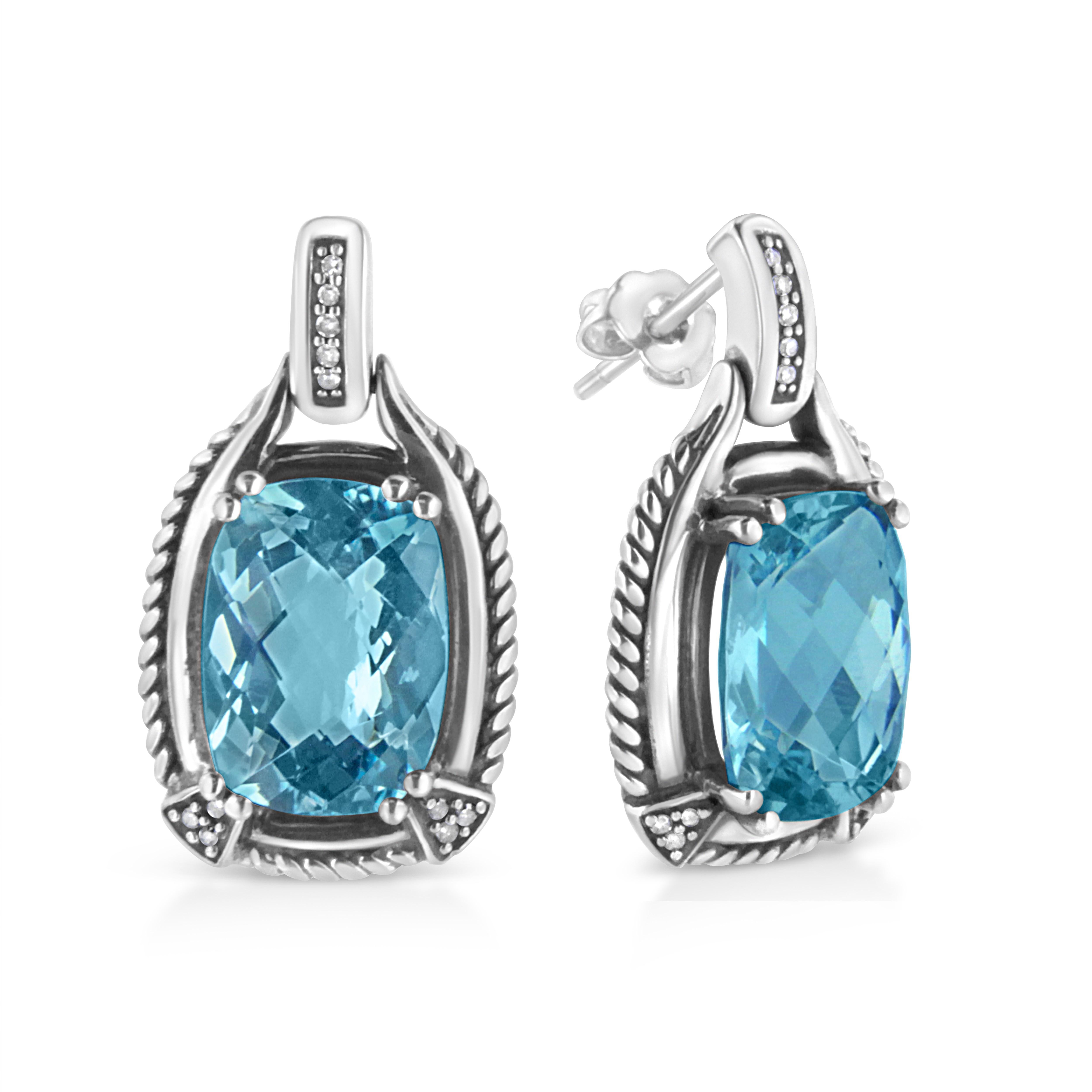 Round Cut .925 Sterling Silver Blue Topaz Gemstone and Diamond Accent Dangle Earrings For Sale