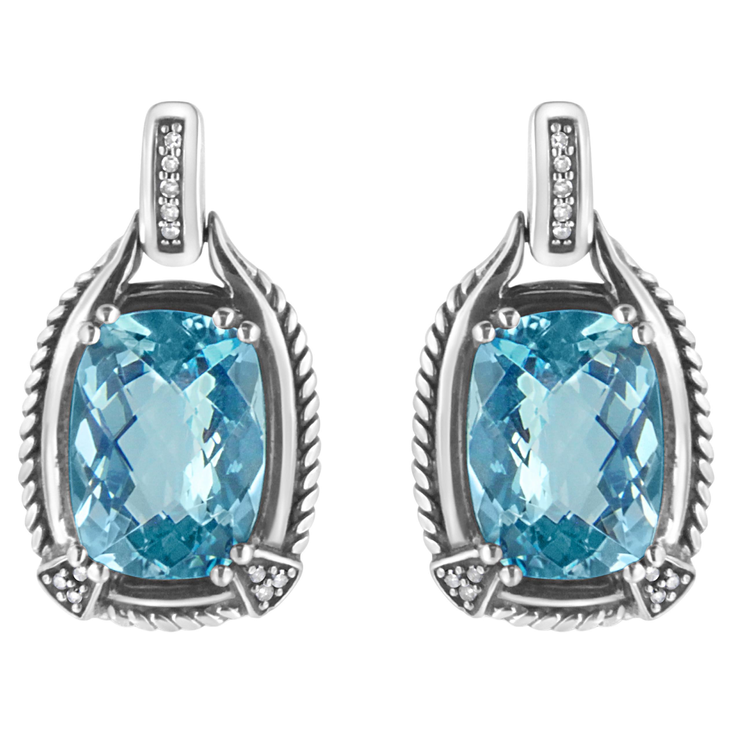 Orecchini pendenti in argento 925 con gemme di topazio blu e diamanti