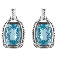 .925 Sterling Silver Blue Topaz Gemstone and Diamond Accent Dangle Earrings