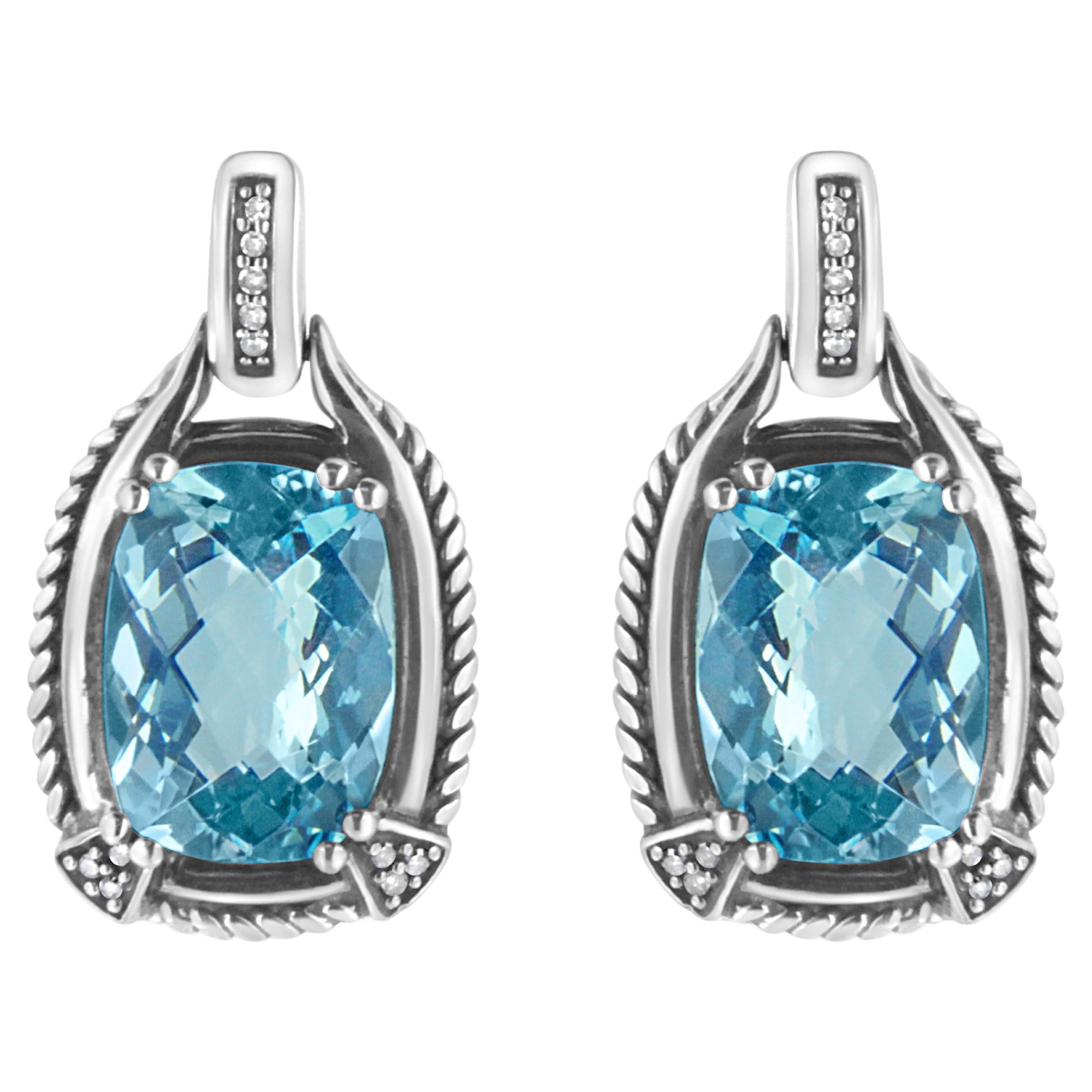 .925 Sterling Silver Blue Topaz Gemstone and Diamond Accent Dangle Earrings For Sale