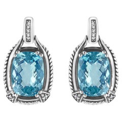.925 Sterling Silver Blue Topaz Gemstone and Diamond Accent Dangle Earrings