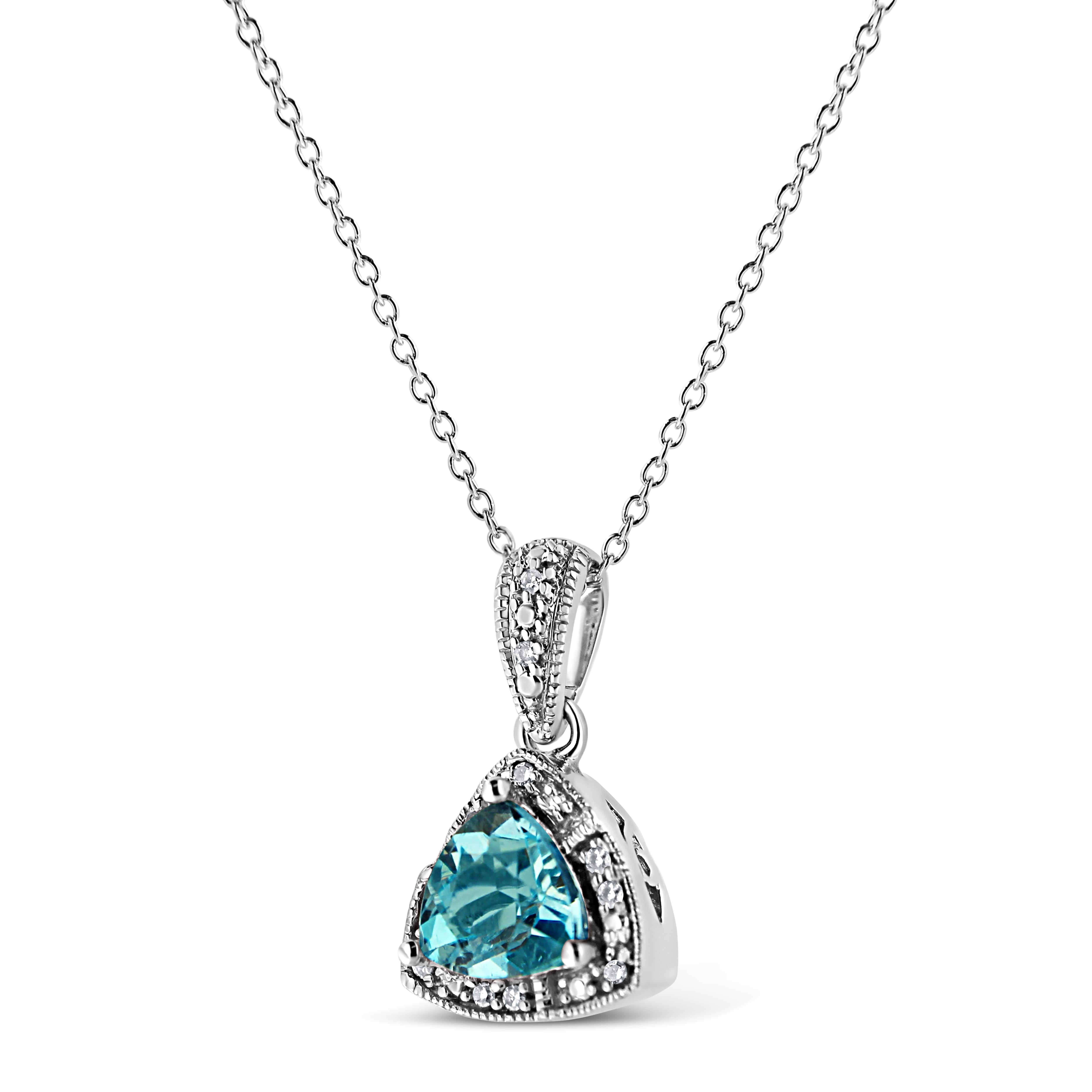 Contemporary .925 Sterling Silver Blue Topaz Gemstone and Diamond Accent Pendant Necklace For Sale