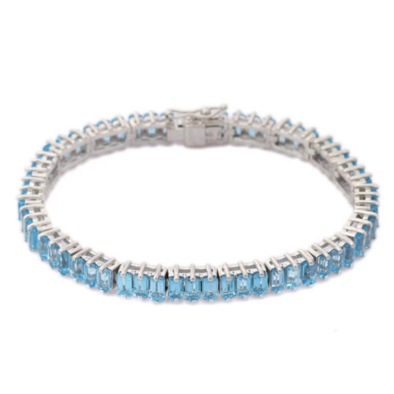 .925 Sterling Silver Blue Topaz Tennis Bracelet for Wedding In New Condition For Sale In Houston, TX