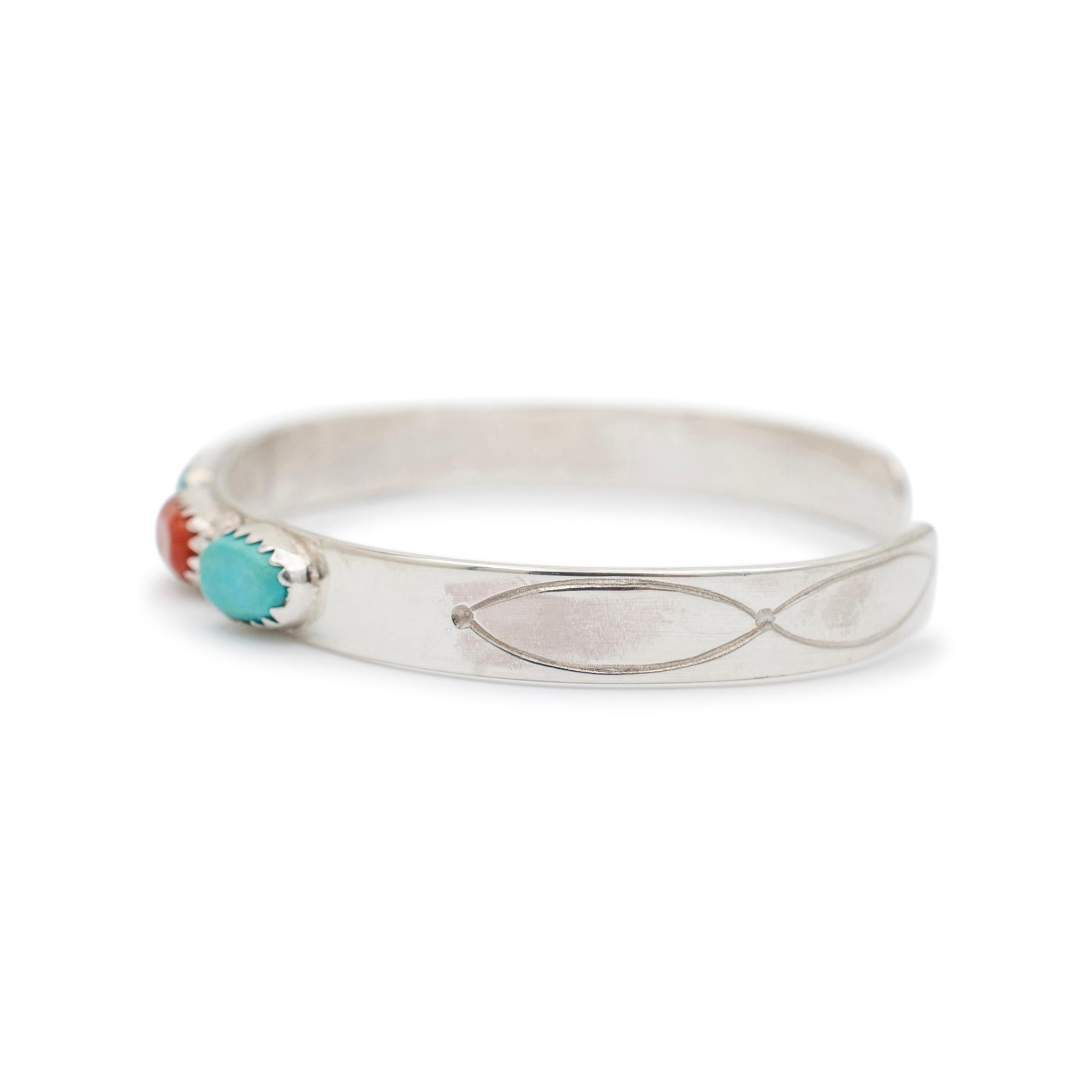 925 Sterling Silver B&N Nastacio Turquoise & Coral Bangle Bracelet In Excellent Condition In Houston, TX