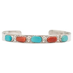 925 Sterling Silver B&N Nastacio Turquoise & Coral Bangle Bracelet
