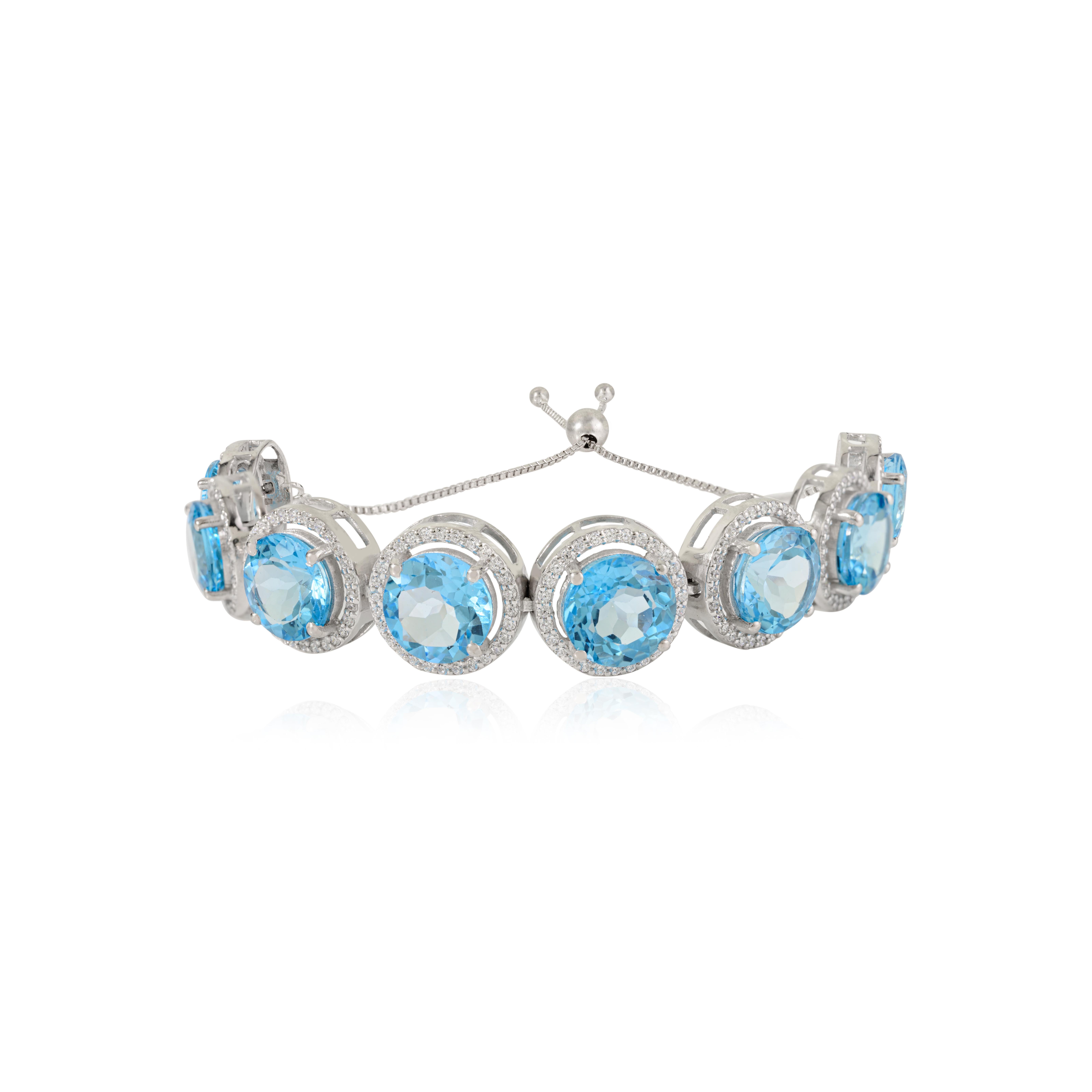 Art Nouveau 925 Sterling Silver Bolo Bracelet in Natural Blue Topaz & Zircon Jewelry for Her For Sale