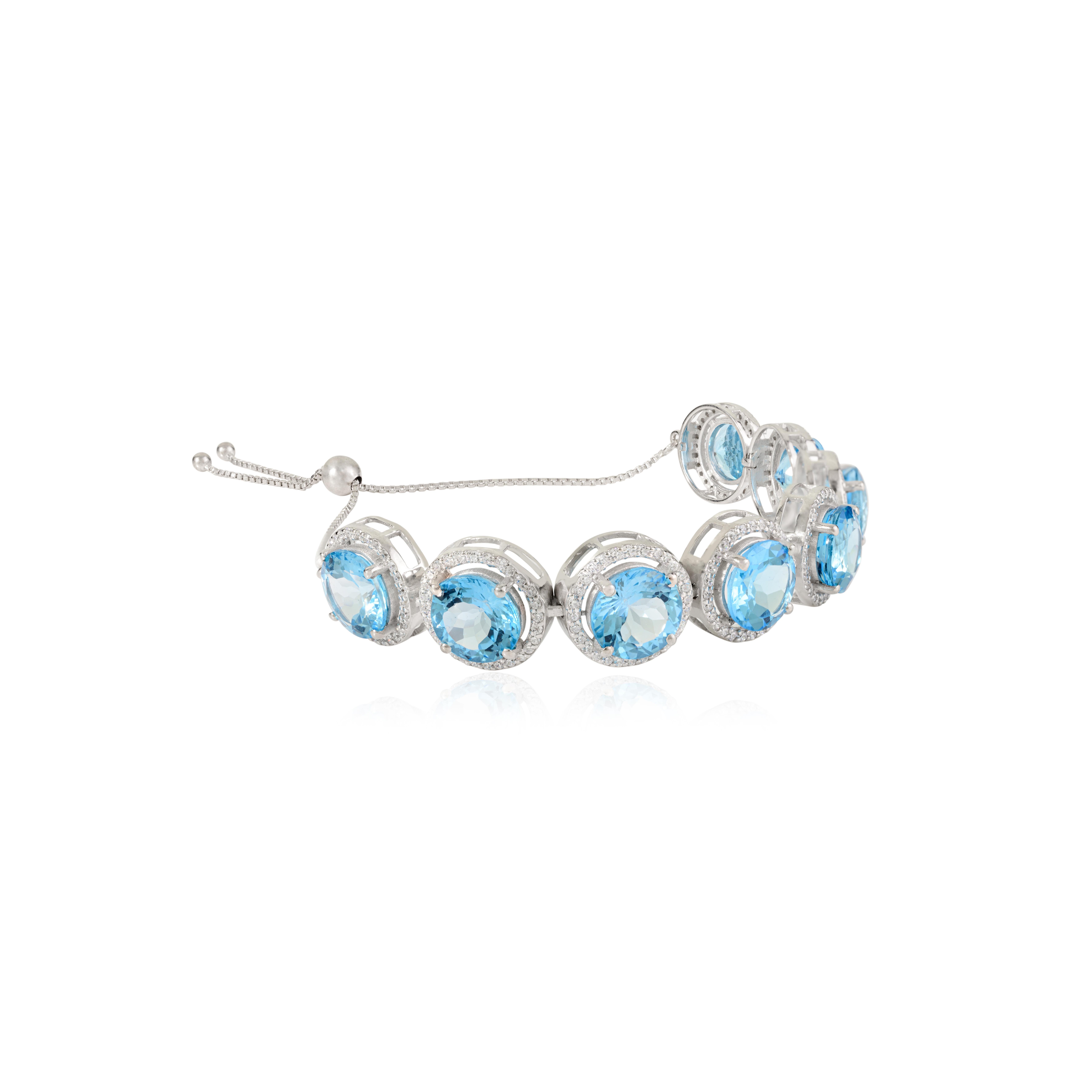925 Sterling Silver Bolo Bracelet in Natural Blue Topaz & Zircon Jewelry for Her In New Condition For Sale In New York, NY