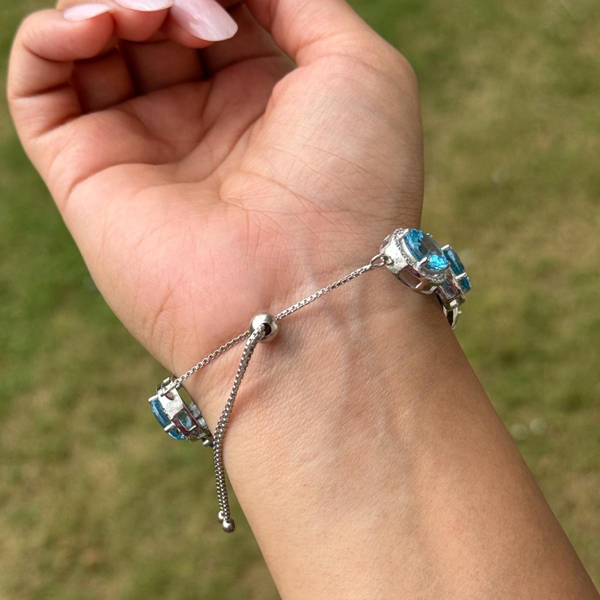 Women's 925 Sterling Silver Bolo Bracelet in Natural Blue Topaz & Zircon Jewelry for Her For Sale