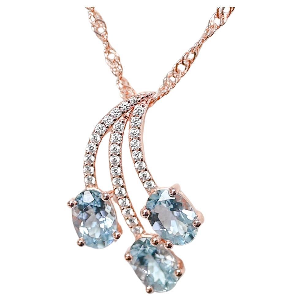 925 Sterling Silver Bridal Necklace 18K Rose Gold 3.75 Cts Aquamarine Jewelry   For Sale