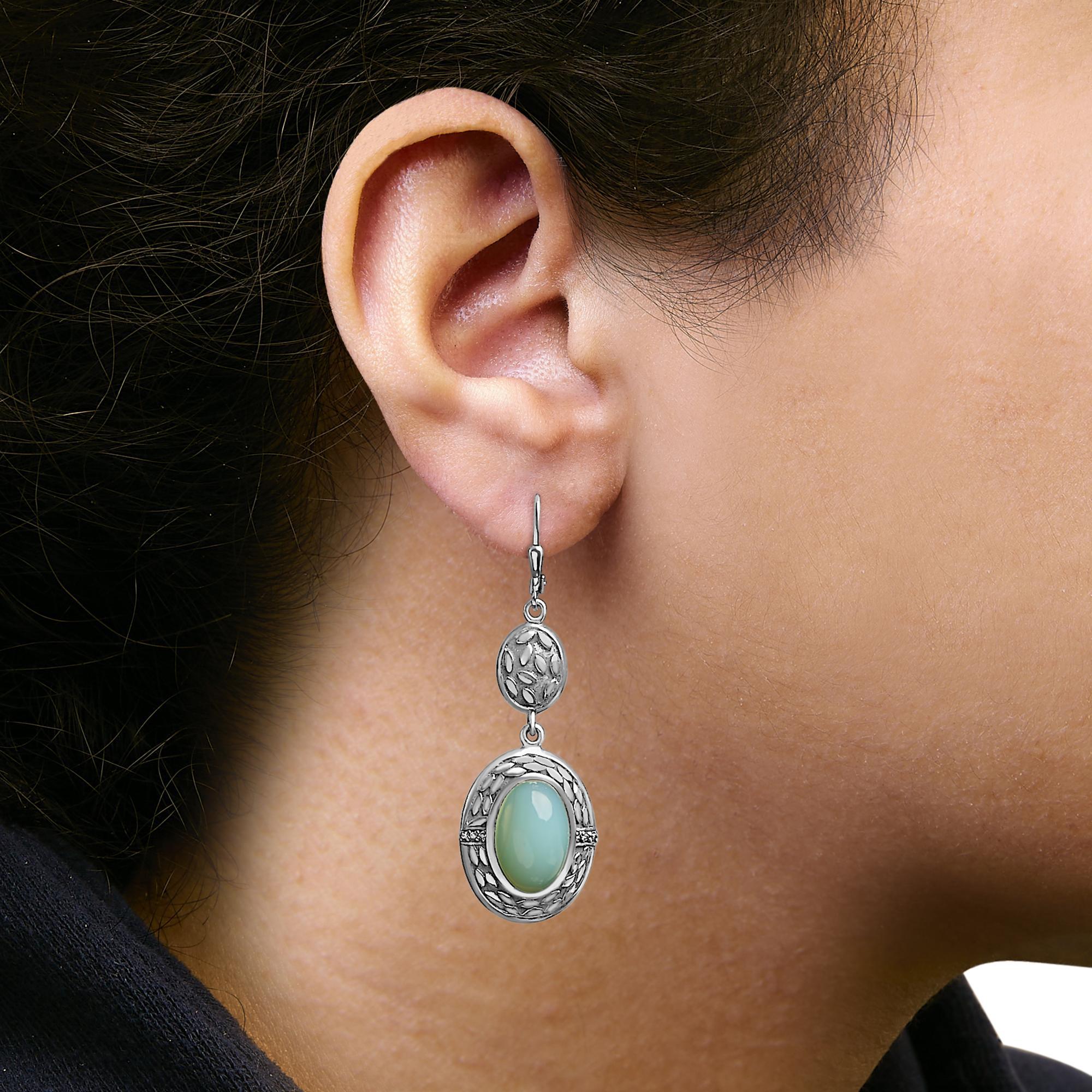 Oval Cut .925 Sterling Silver Chalcedony Diamond Accent Drop and Dangle Earrings For Sale