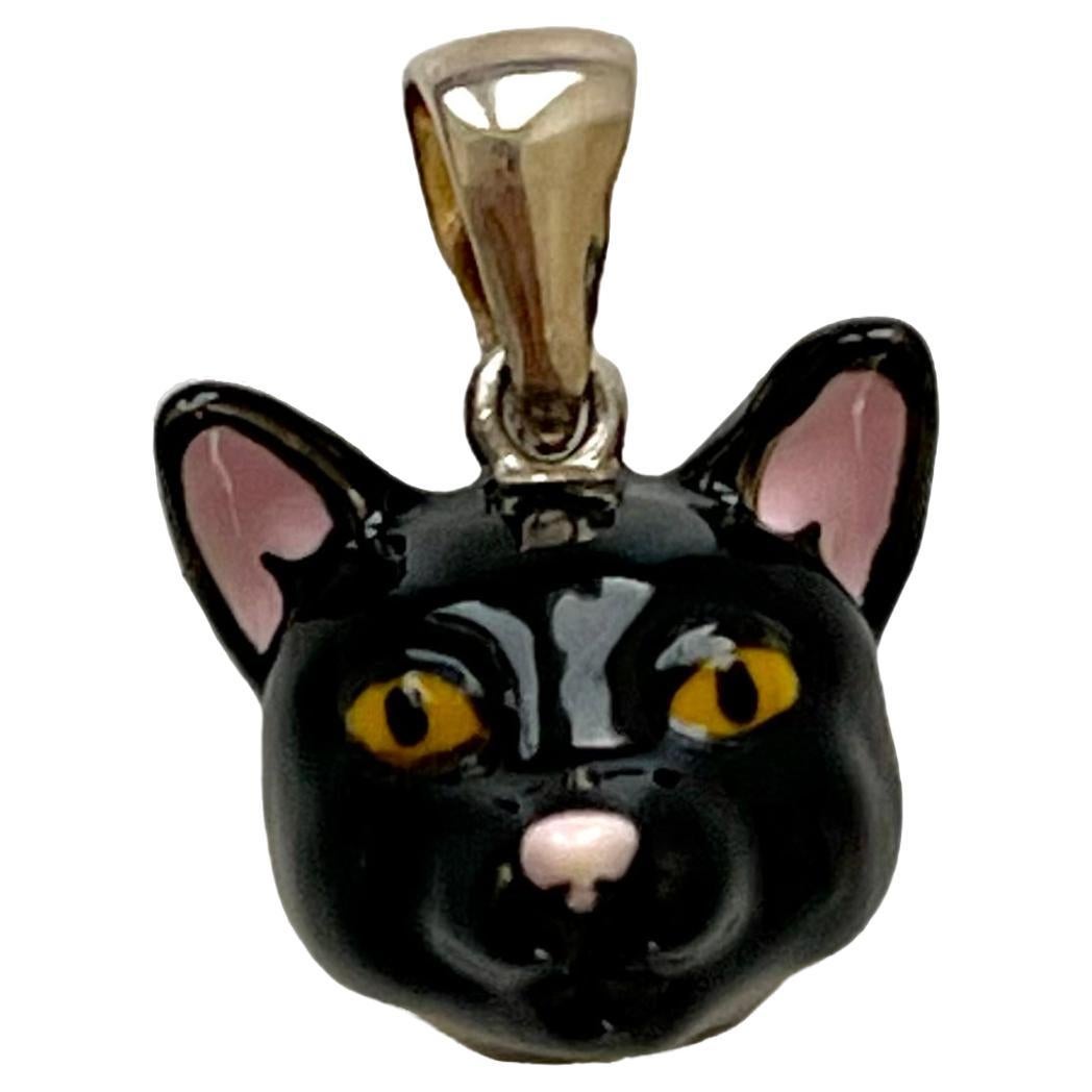 925 Sterling Silver Charms Pendant Necklace Black Cat 