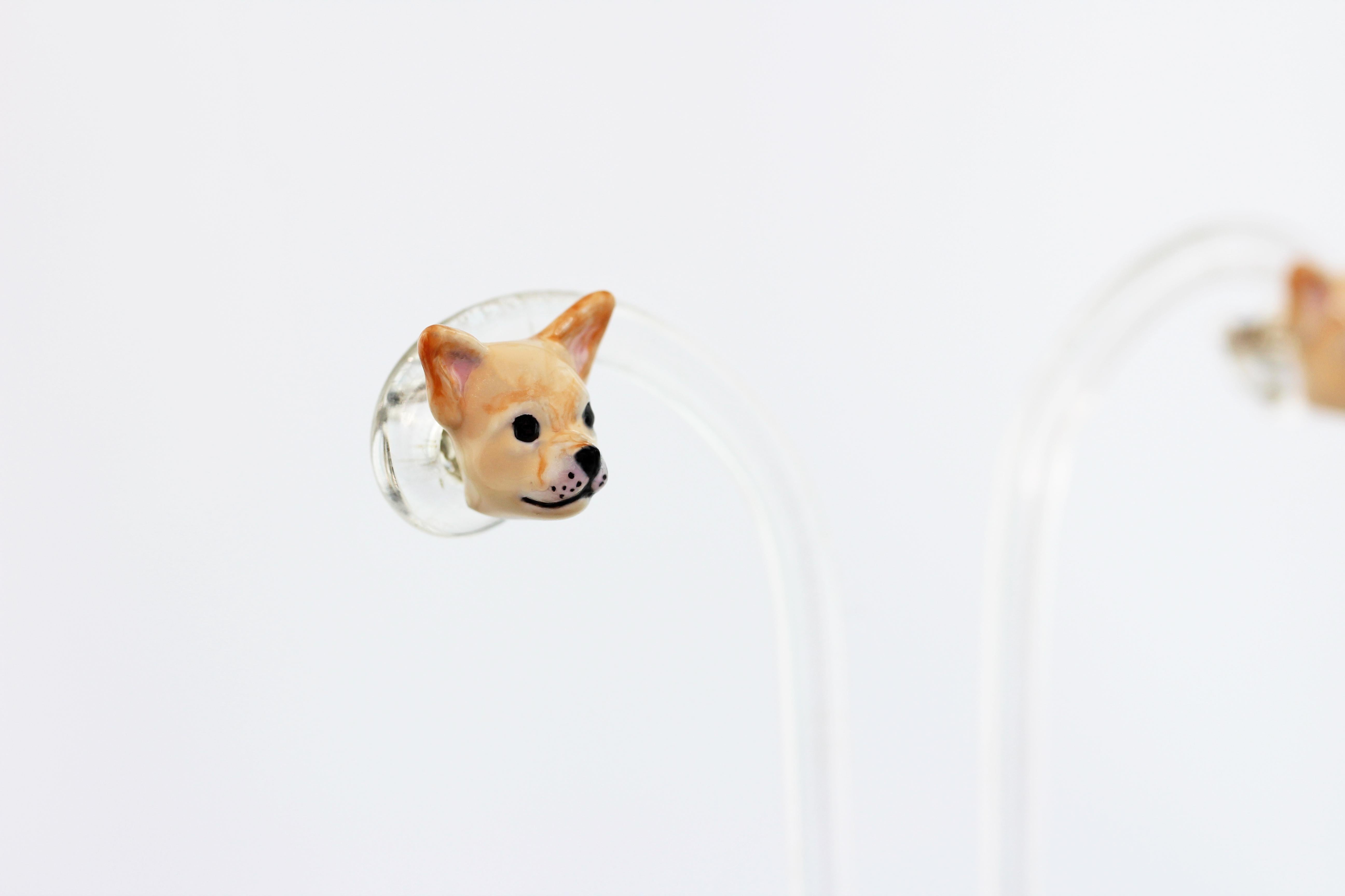 Earrings made in sterling silver 925 featuring a Creamy White Chihuahua, thanks to amazing hand enamel life-like features is vividly rendered.   

The AVGVSTA Dog earrings are hand made and 100% customizable.  

• Depict your dog   
• 925 Sterling