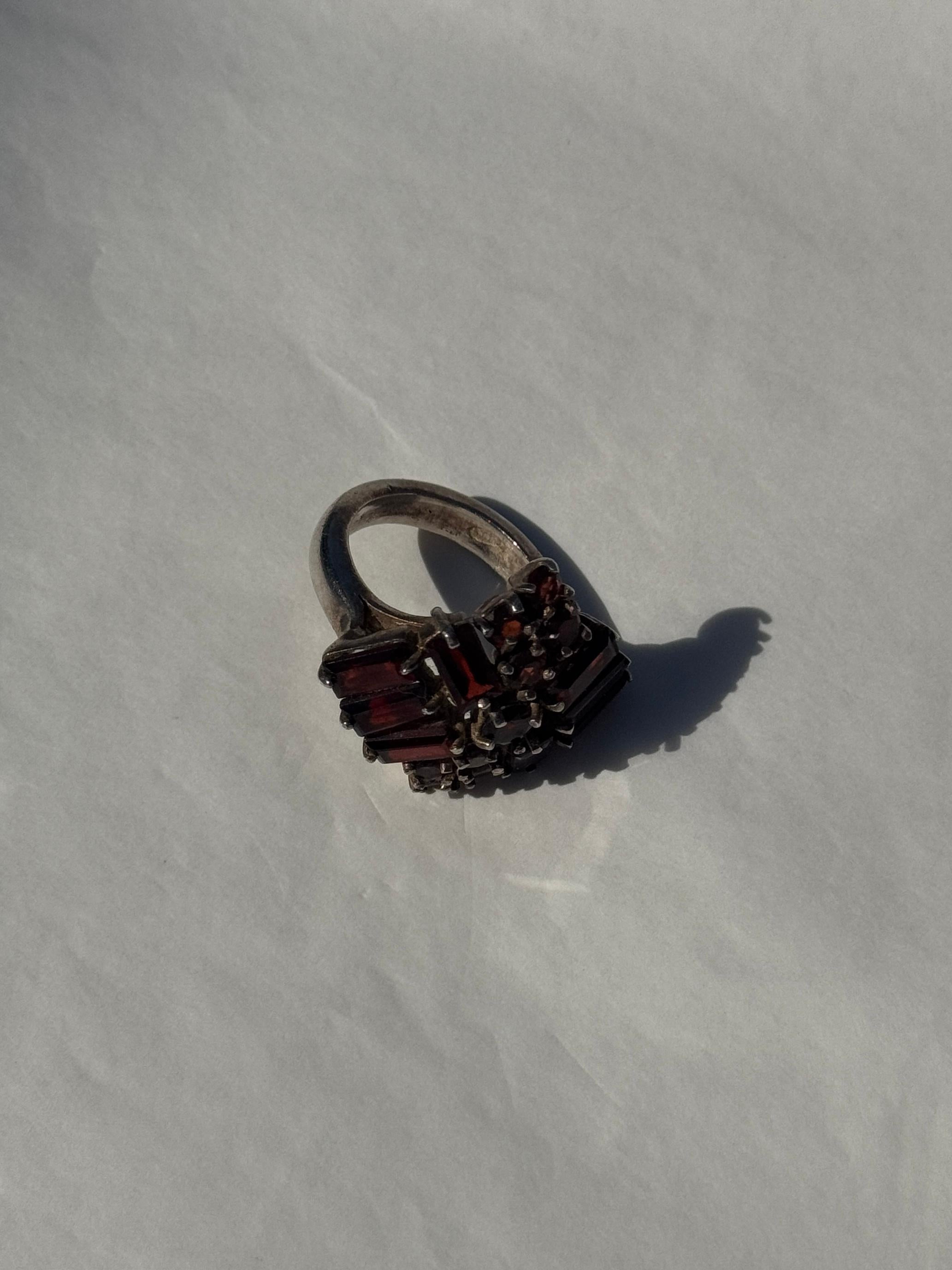Artisan 925 Sterling Silver Cocktail Ring with Garnet-Colored Glass For Sale