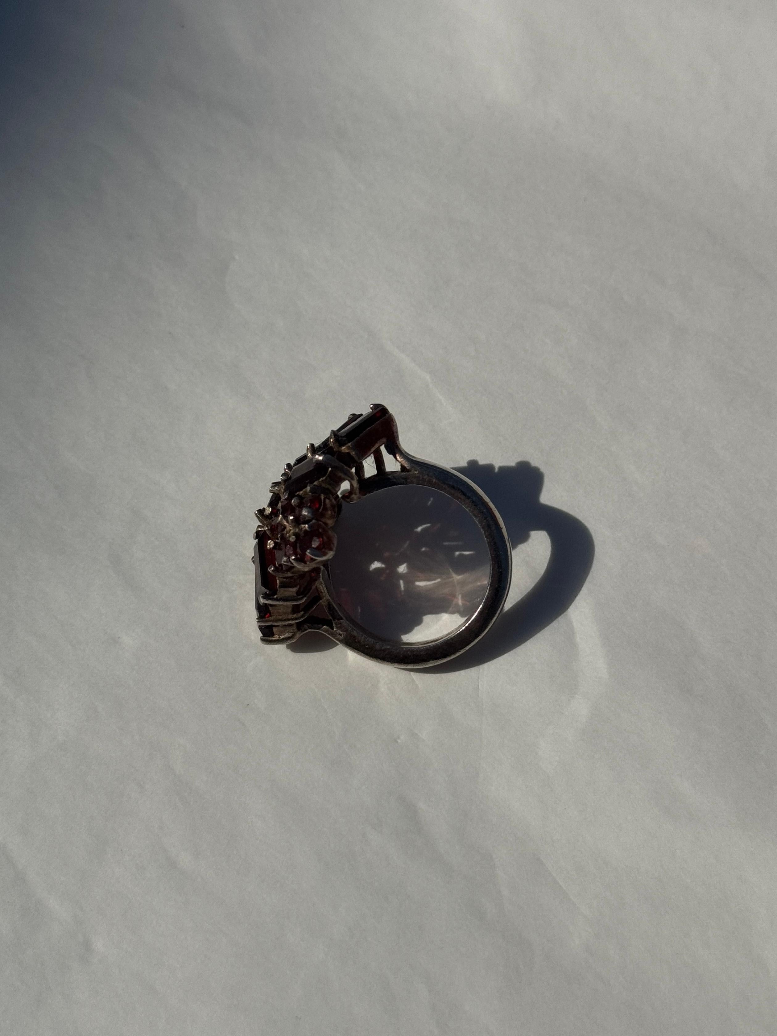 Baguette Cut 925 Sterling Silver Cocktail Ring with Garnet-Colored Glass For Sale