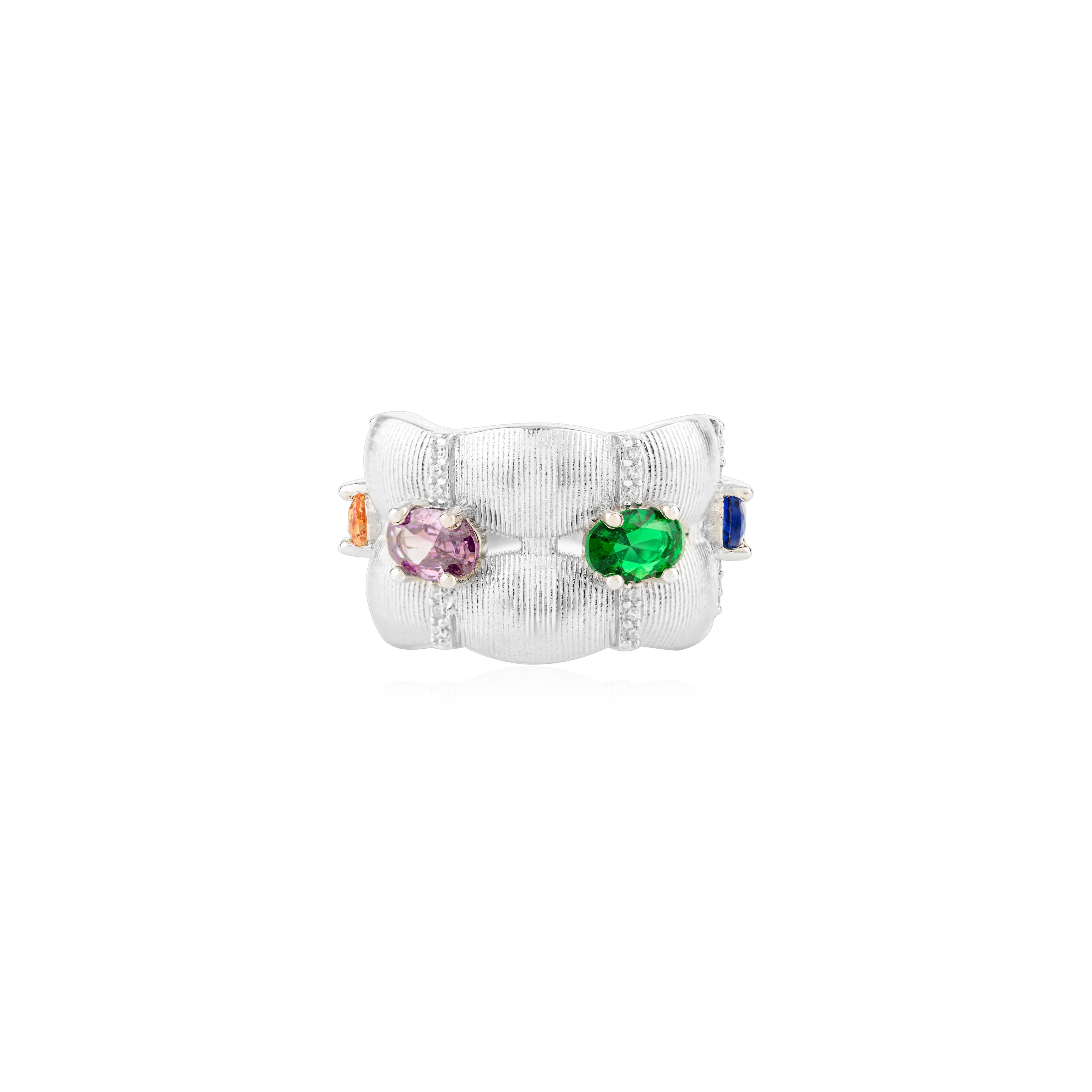 En venta: Anillo de plata de ley 925 con circonita cúbica de colores y banda ancha texturizada Regalo de joyería  7