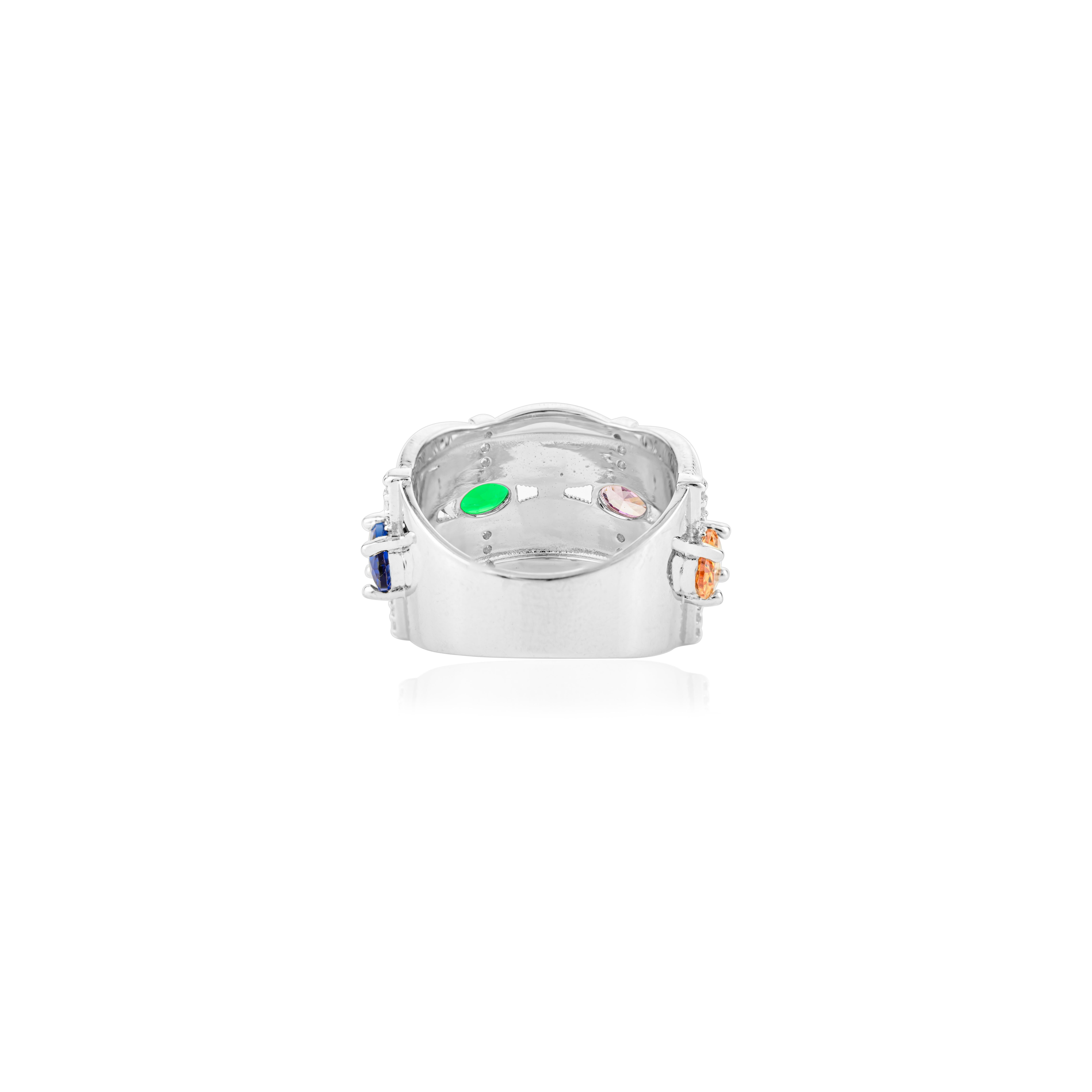 En venta: Anillo de plata de ley 925 con circonita cúbica de colores y banda ancha texturizada Regalo de joyería  9