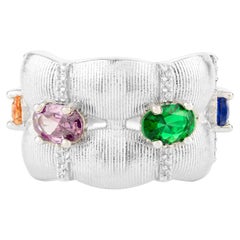 925 Sterling Silver Colorful Cubic Zirconia Wide Band Textured Ring Jewelry Gift