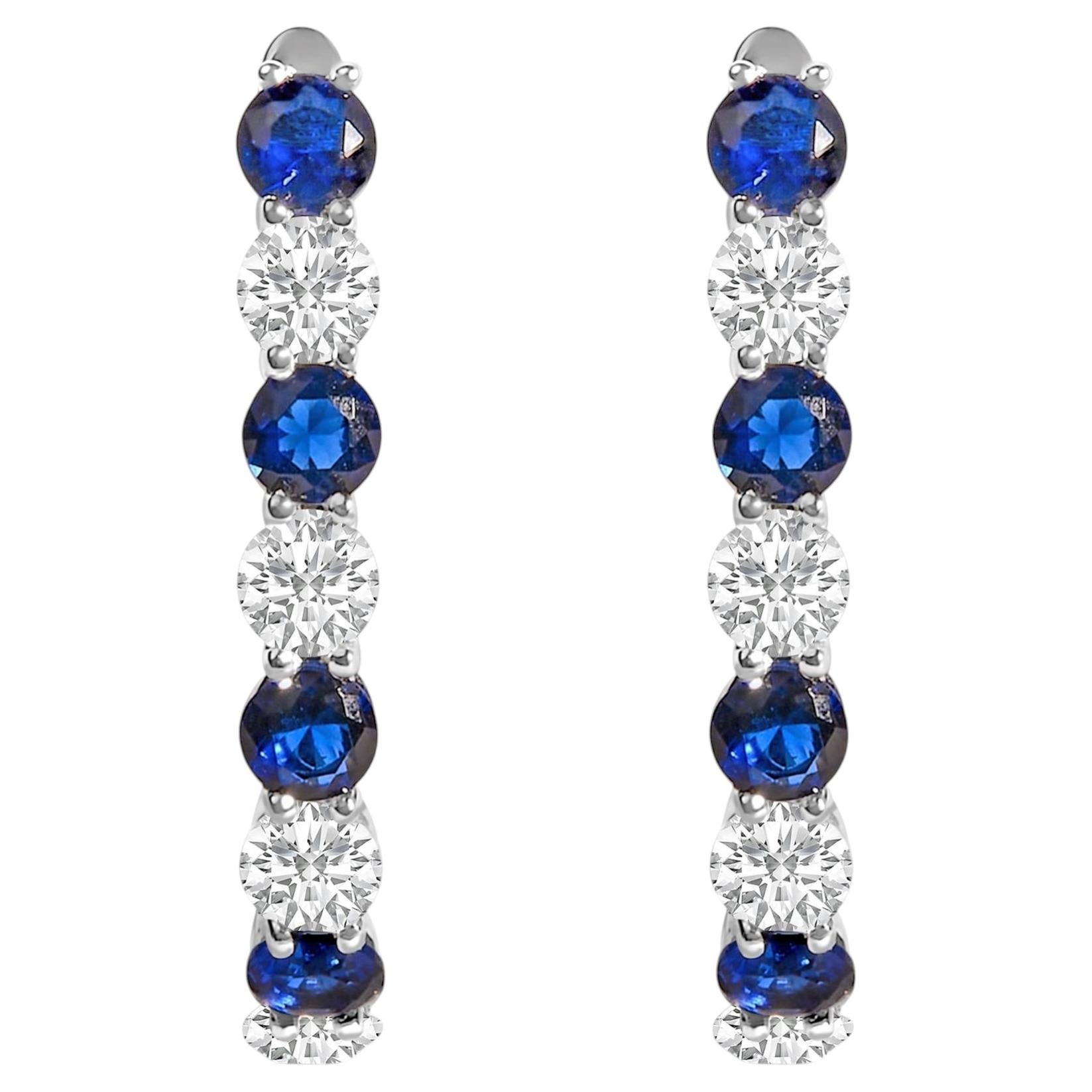 .925 Sterling Silver Created Blue and White Sapphire Hoop Earrings